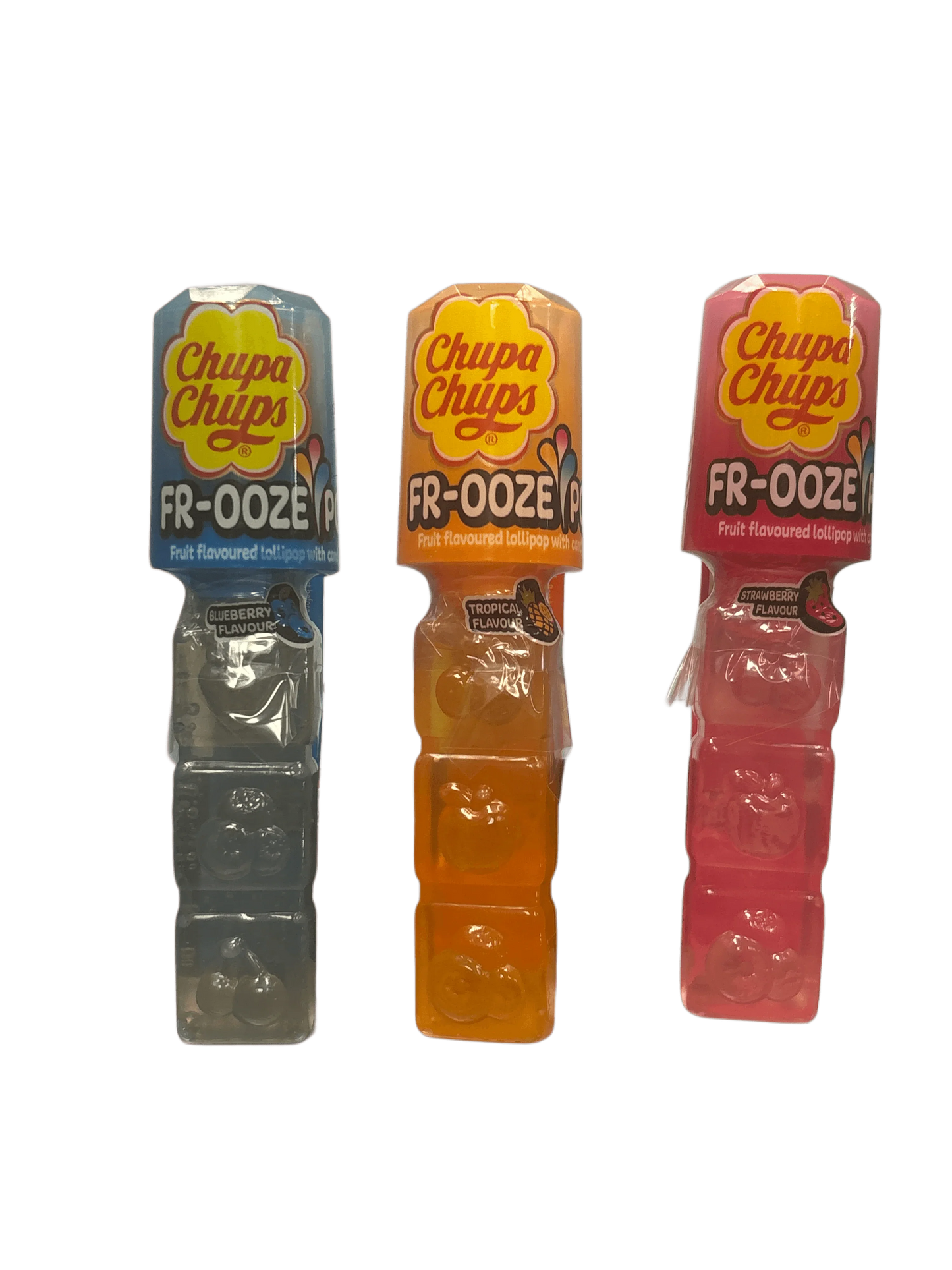 Chupa Chups FR-OOZE fruit flavored lollipops in blueberry, tropical, and strawberry flavors.