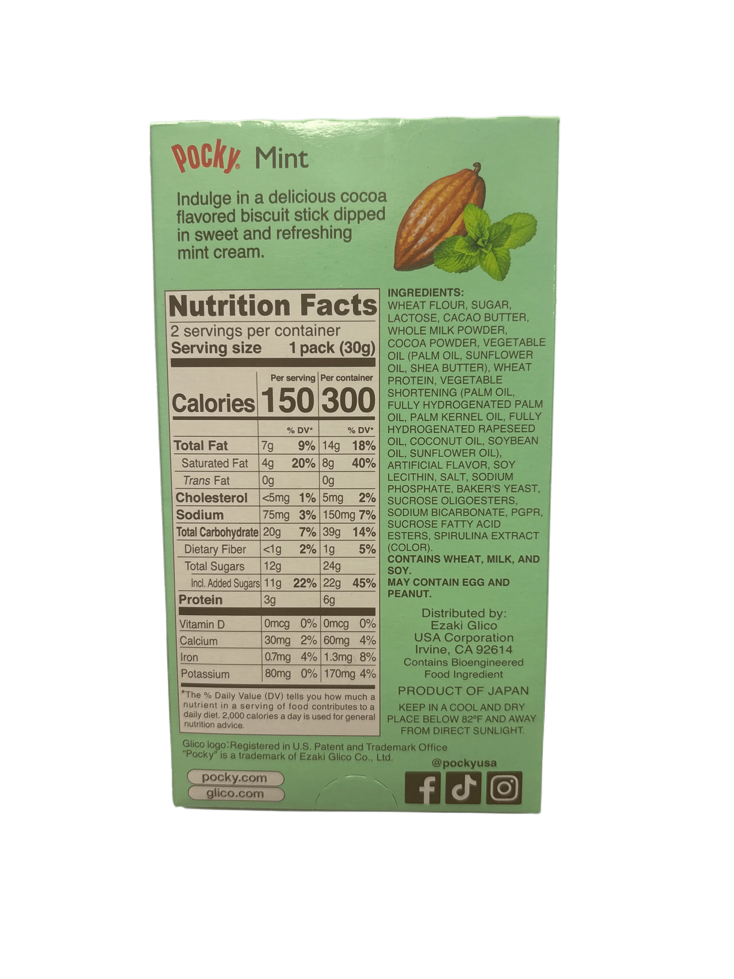 Back of Pocky Mint box showing nutrition facts, ingredients, and mint cocoa illustration.