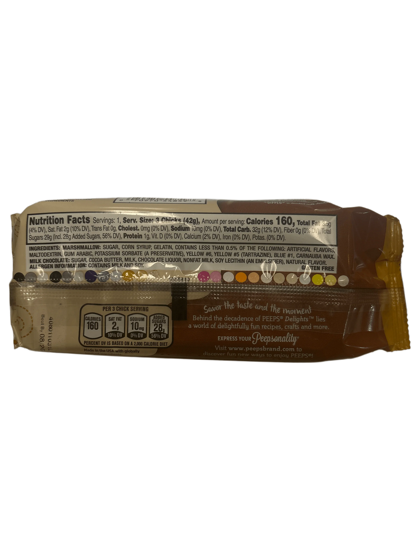 Back of imported chocolate marshmallow snack package with nutrition facts and ingredients list