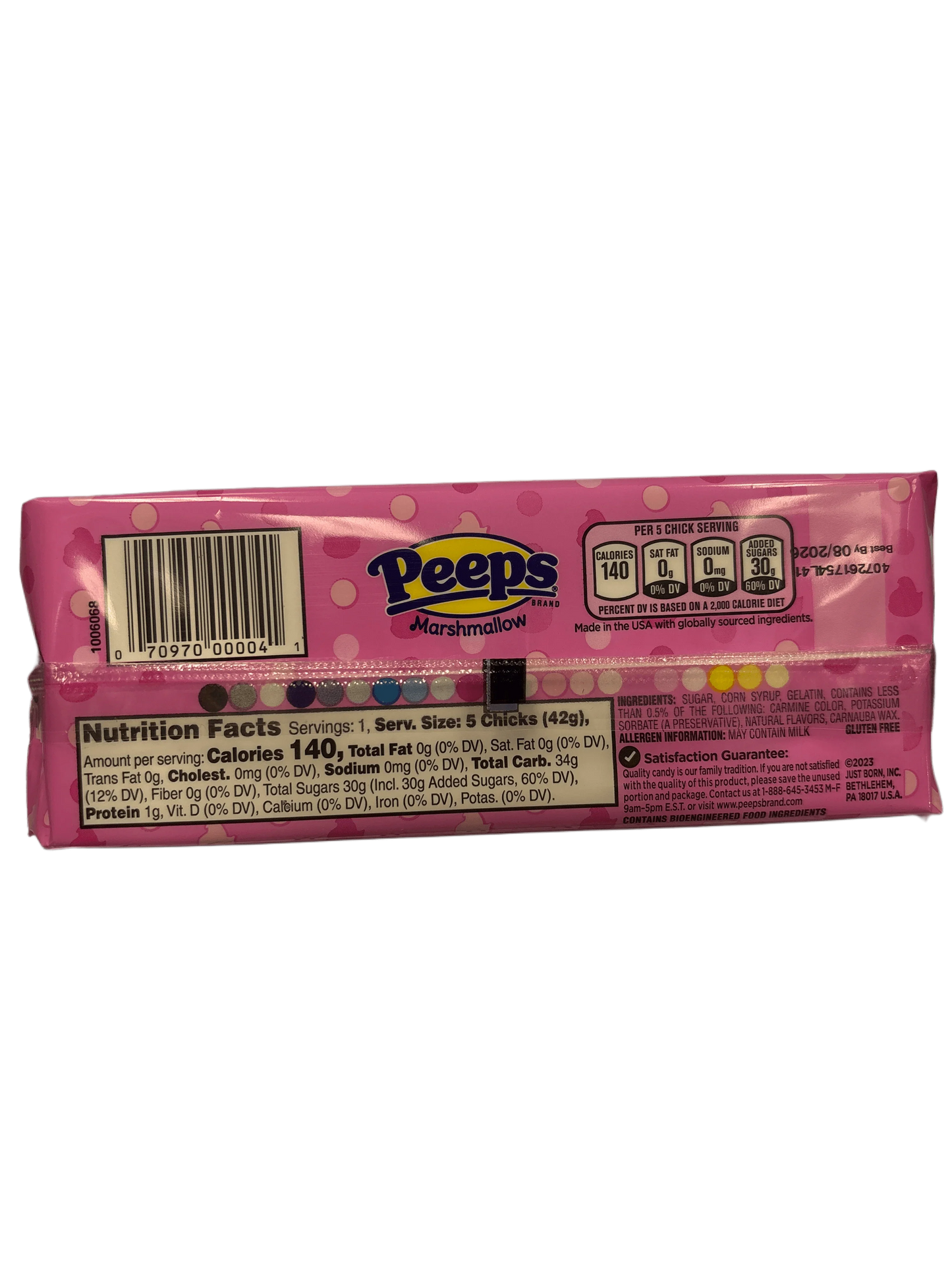 Back of Peeps Marshmallow candy package with nutrition info and pink polka dot design