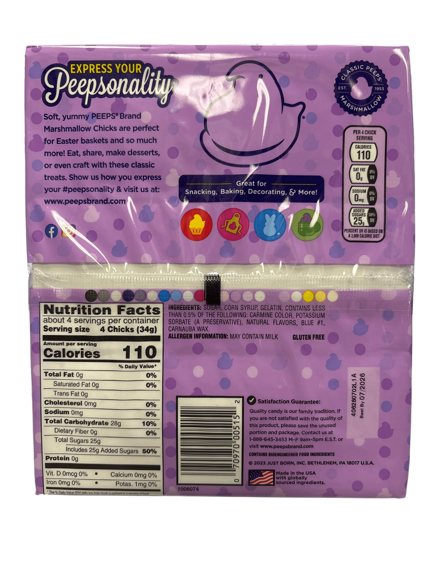 Back of Peeps marshmallow chicks candy package with nutrition facts and ingredient list