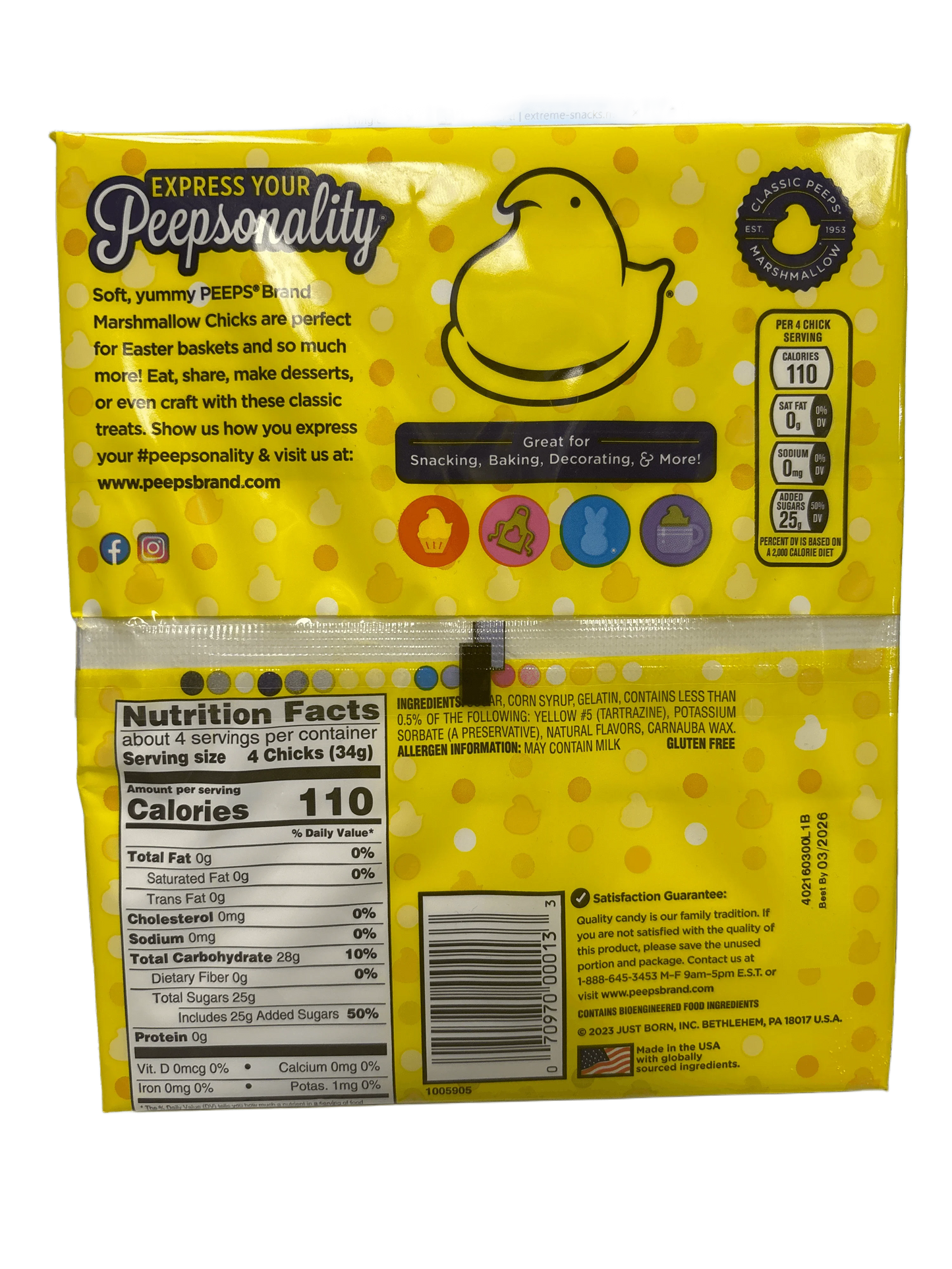 Back of Peeps Marshmallow Chicks candy package with nutrition facts and product details