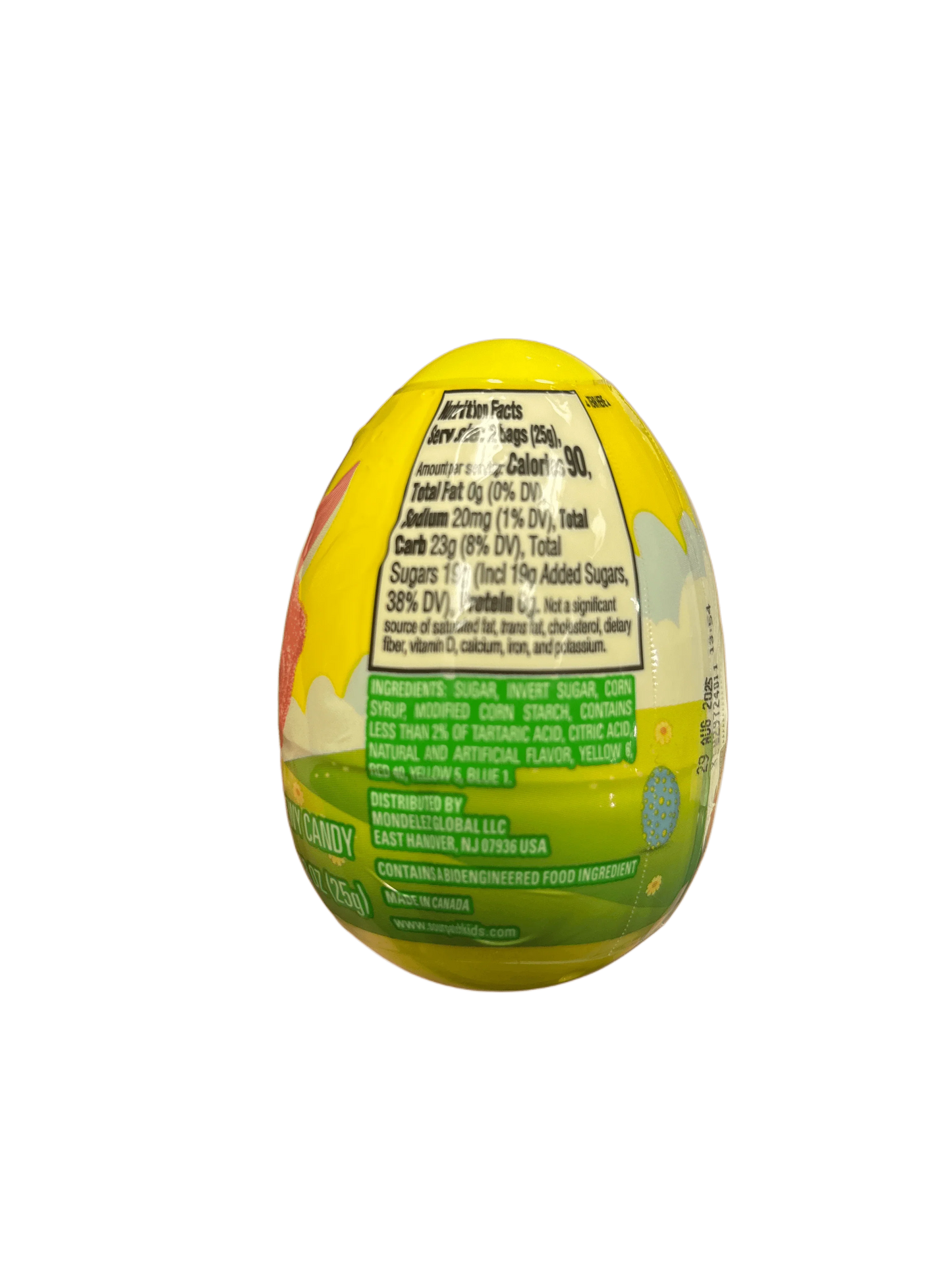 Yellow egg-shaped candy container showing nutrition facts and ingredients on back label