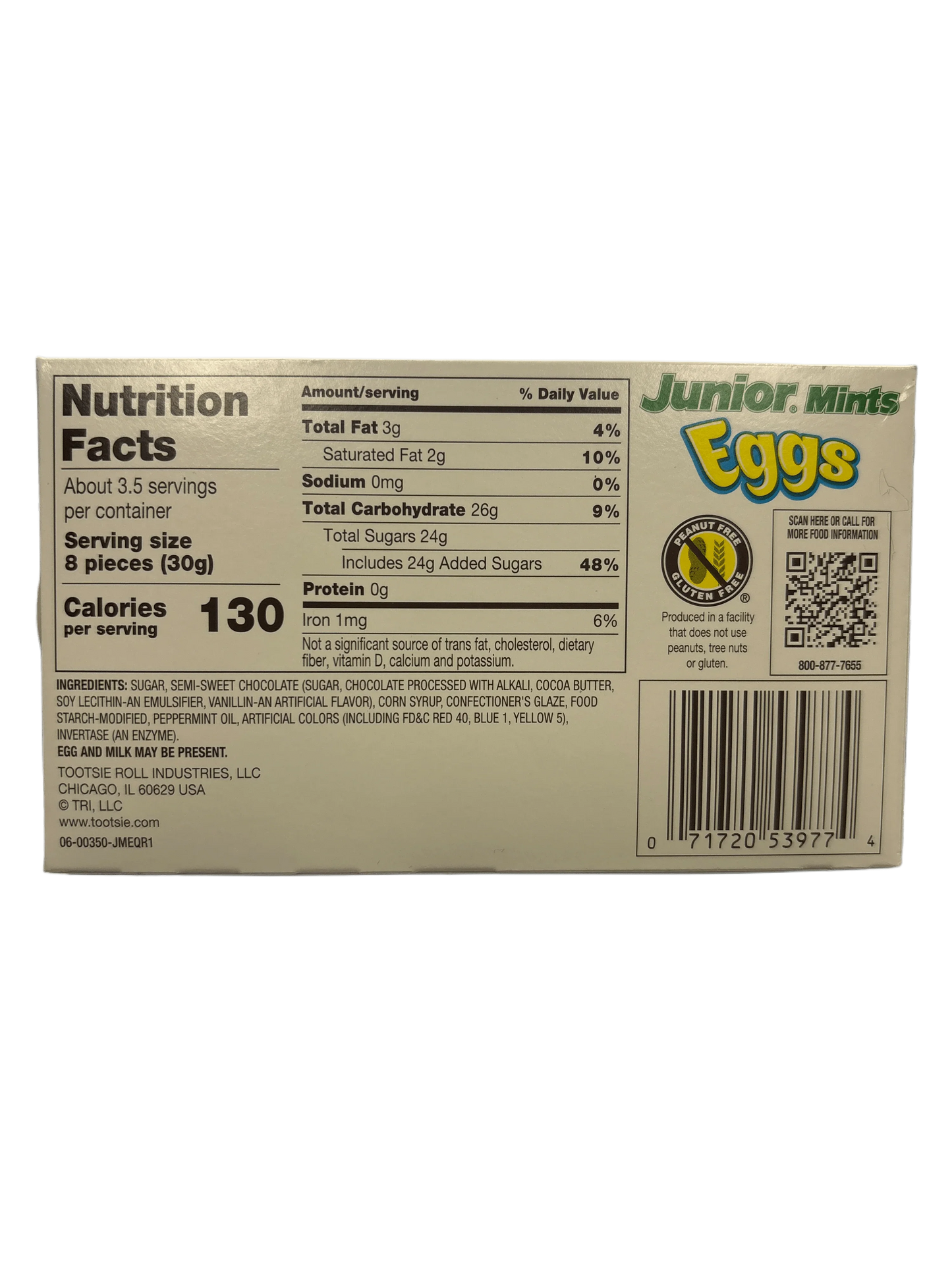 Back of Junior Mints Eggs candy box showing nutrition facts, ingredients, and bar code
