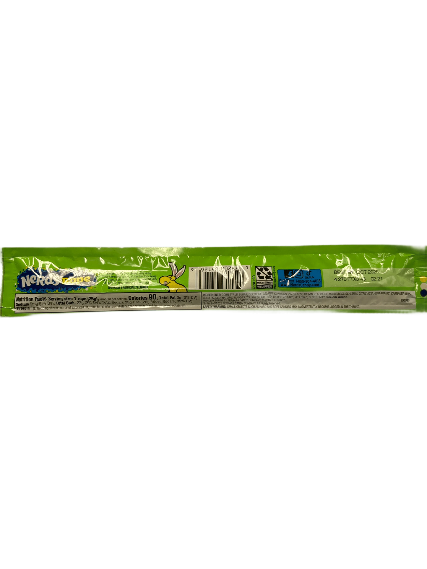 Back of green Nerds Rope candy package showing nutrition facts and barcode