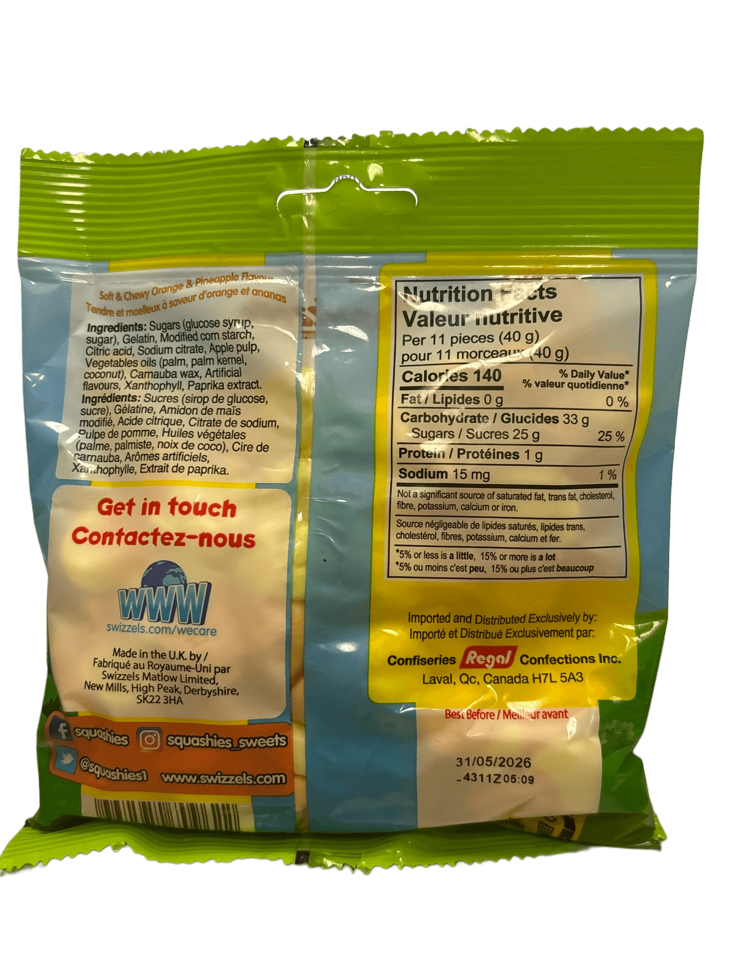 Back of exotic orange and pineapple flavored candy bag with nutrition facts and ingredients