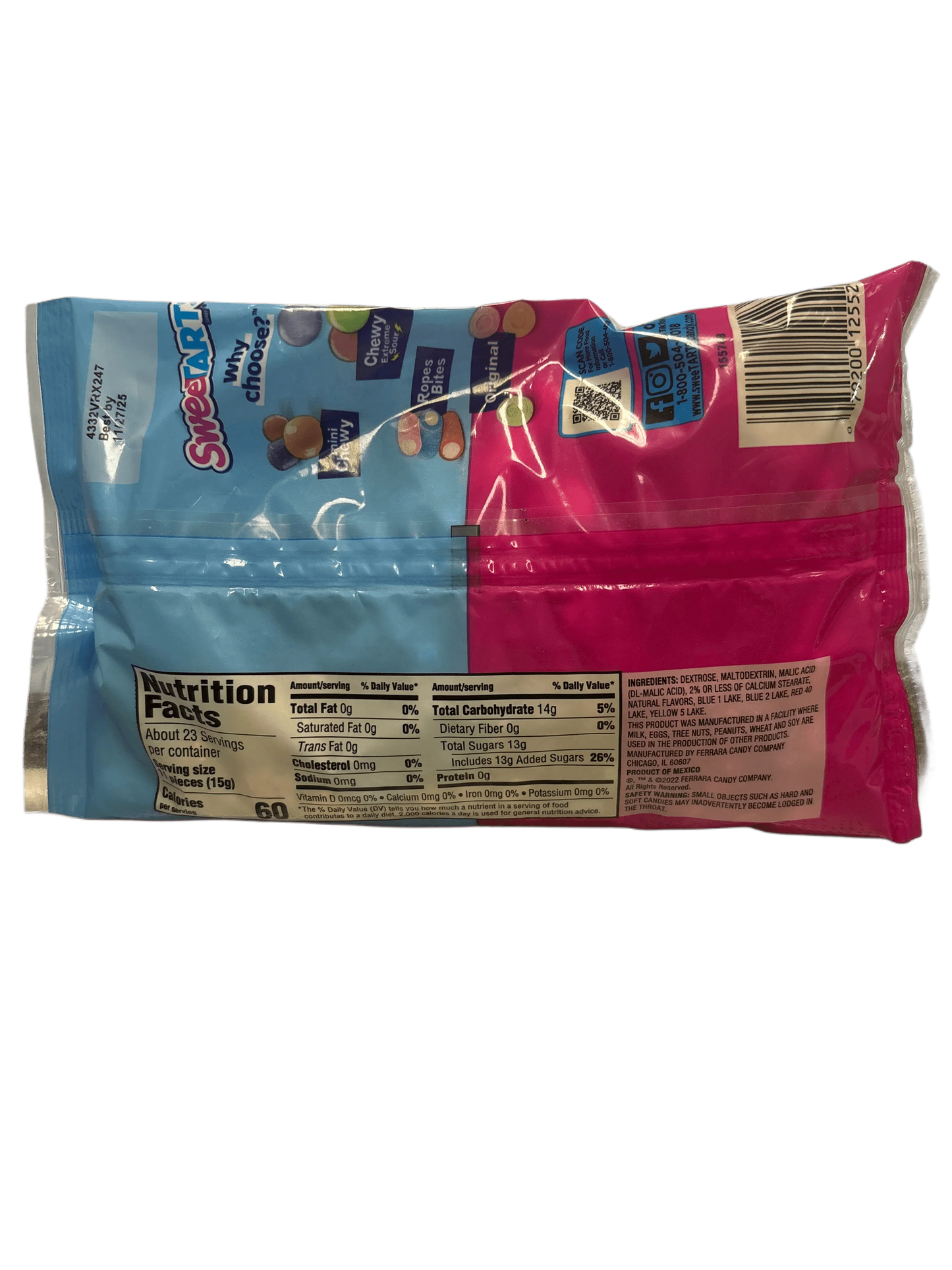 Back of Sweetarts chewy candy bag showing nutrition facts and ingredients list.