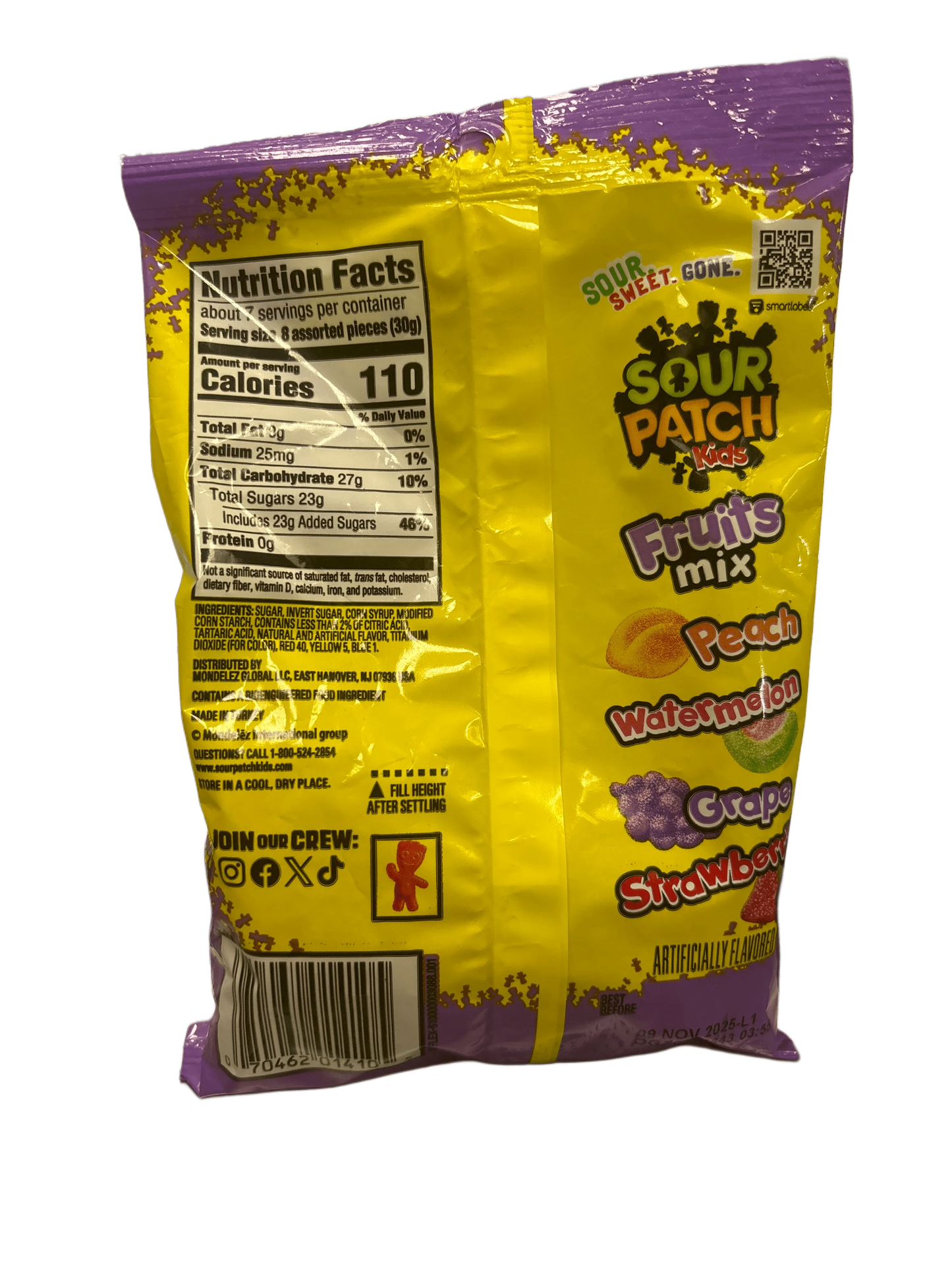 Back of Sour Patch Kids Fruits Mix candy bag showing nutrition facts, flavors, and ingredients.