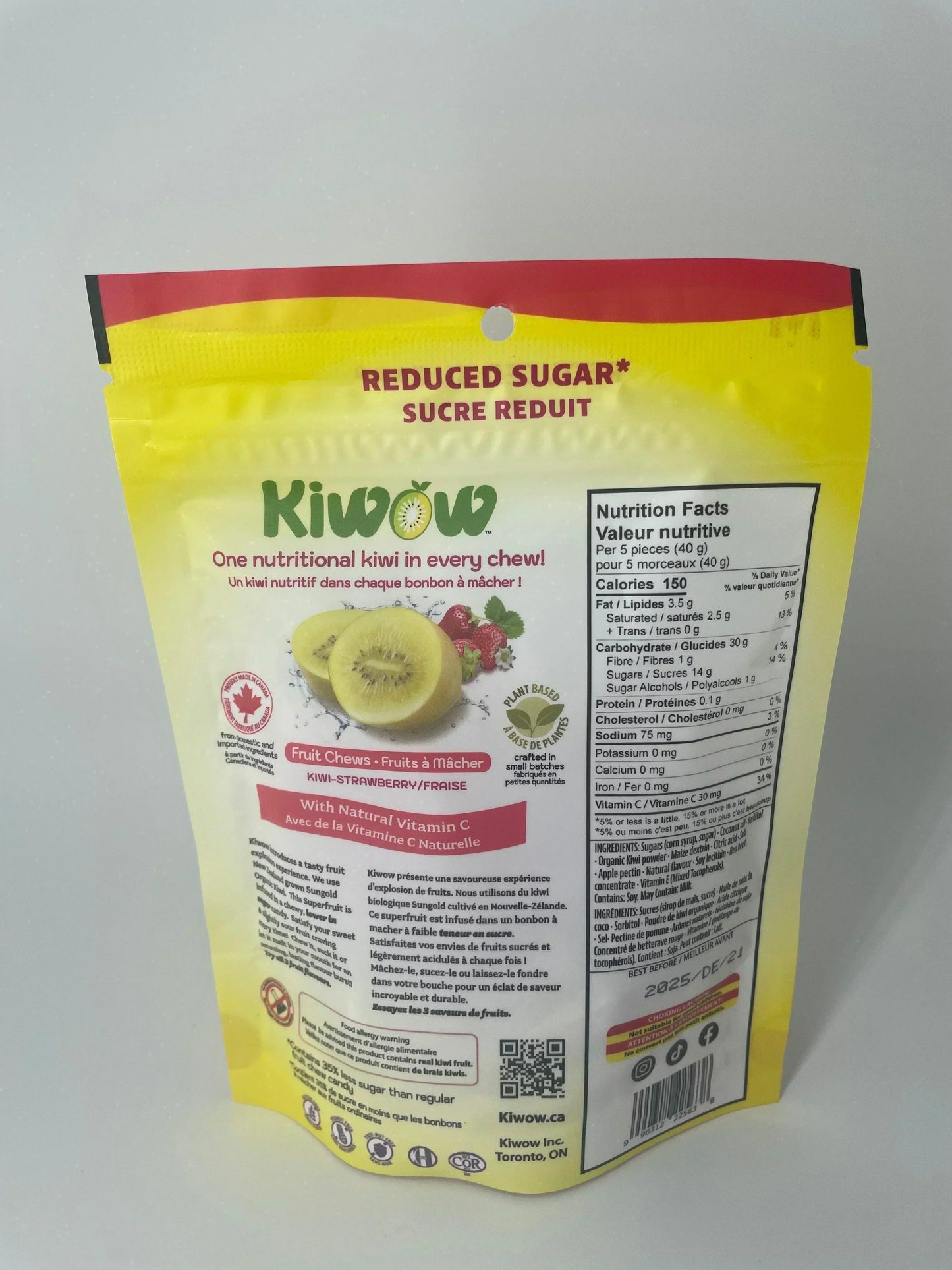 Back of Kiwow kiwi-strawberry fruit chews package with nutrition facts and reduced sugar label
