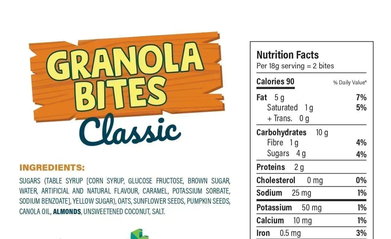 Granola Bites Classic snack label with ingredients and nutrition facts visible.