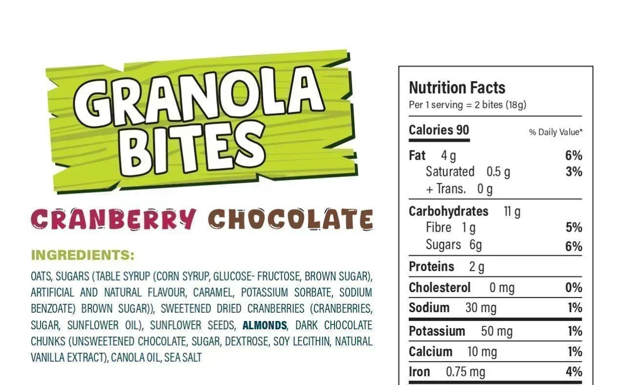 Granola Bites Cranberry Chocolate snack label with ingredients and nutrition facts