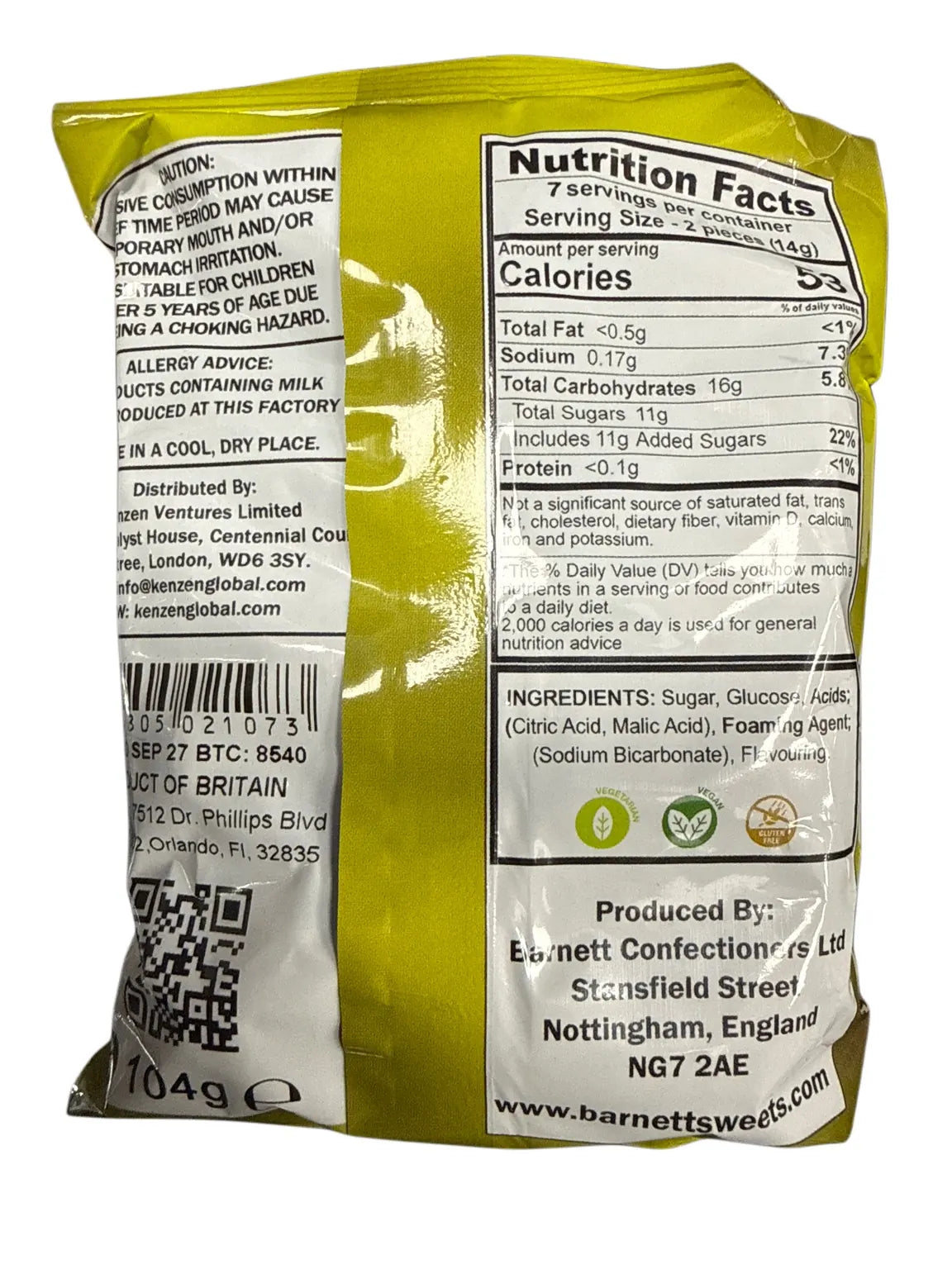 Barnetts Lemon Mega Sours 104G UK Edition back nutrition and ingredients photo 3