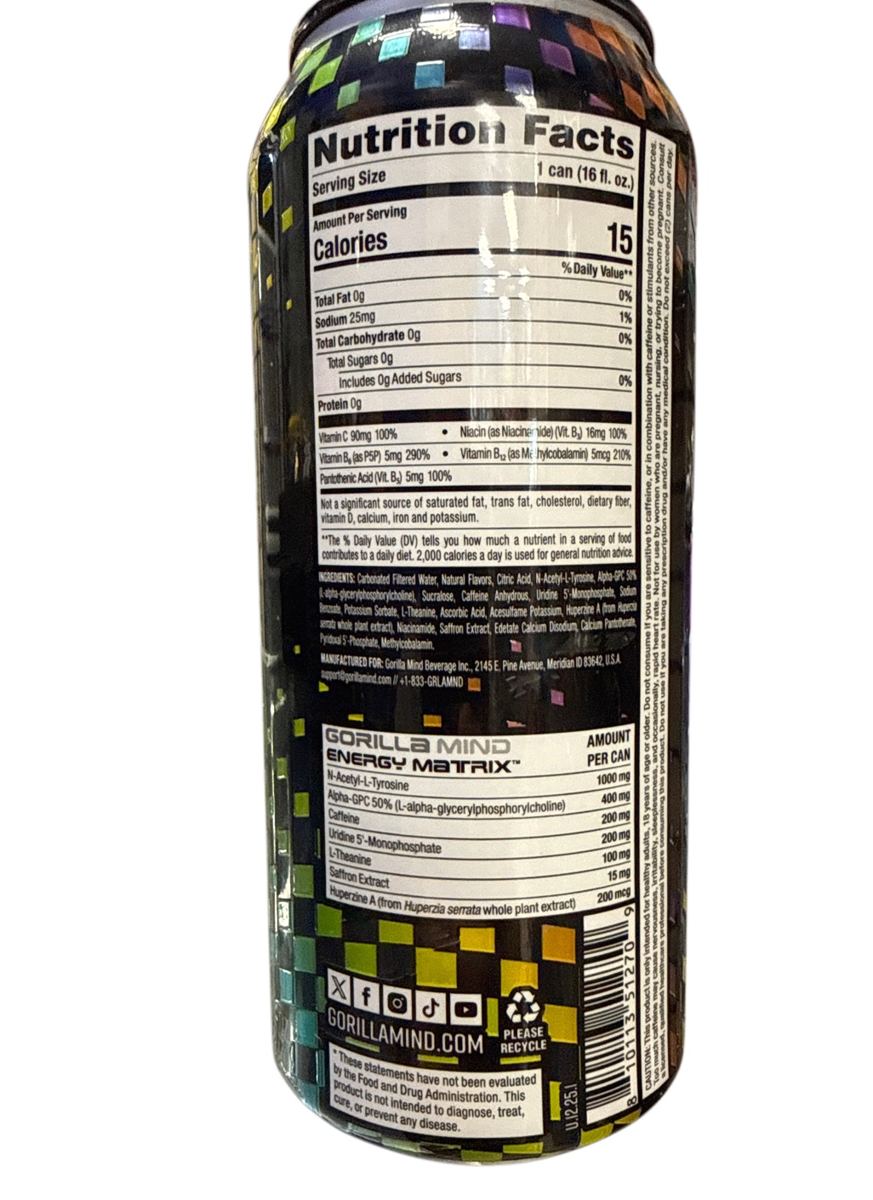 Gorilla Mind Rainbow Sherbet Energy 473ML back nutrition facts view 6