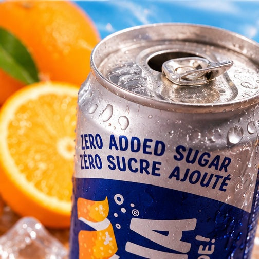 Orangina Zero Added Sugar cold can detail promotional illustration