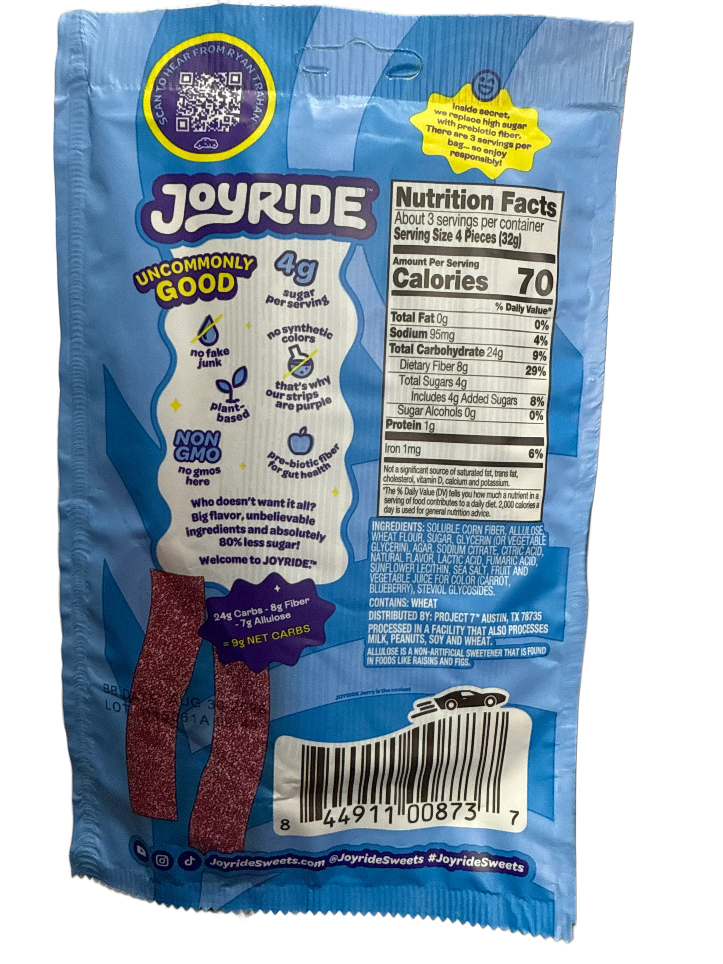JOYRIDE UNCOMMON CANDY Sour Blue Raspberry Strips 3.5OZ - U.S Edition