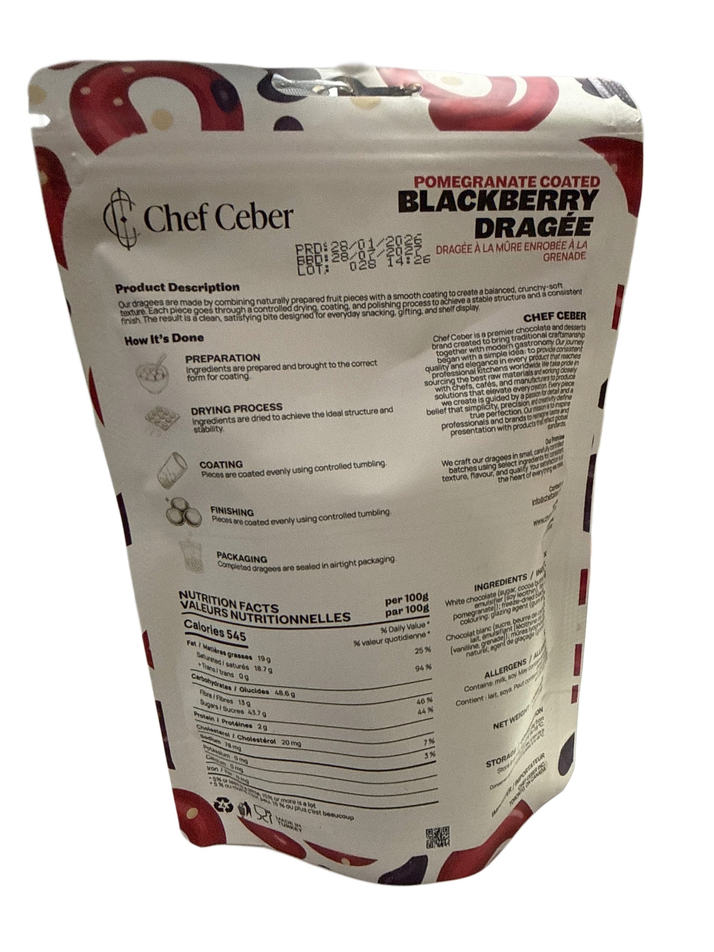 Chef Ceber White Chocolate and Pomegranate Coated Free Dried Blackberry 130G - Turkey Edition