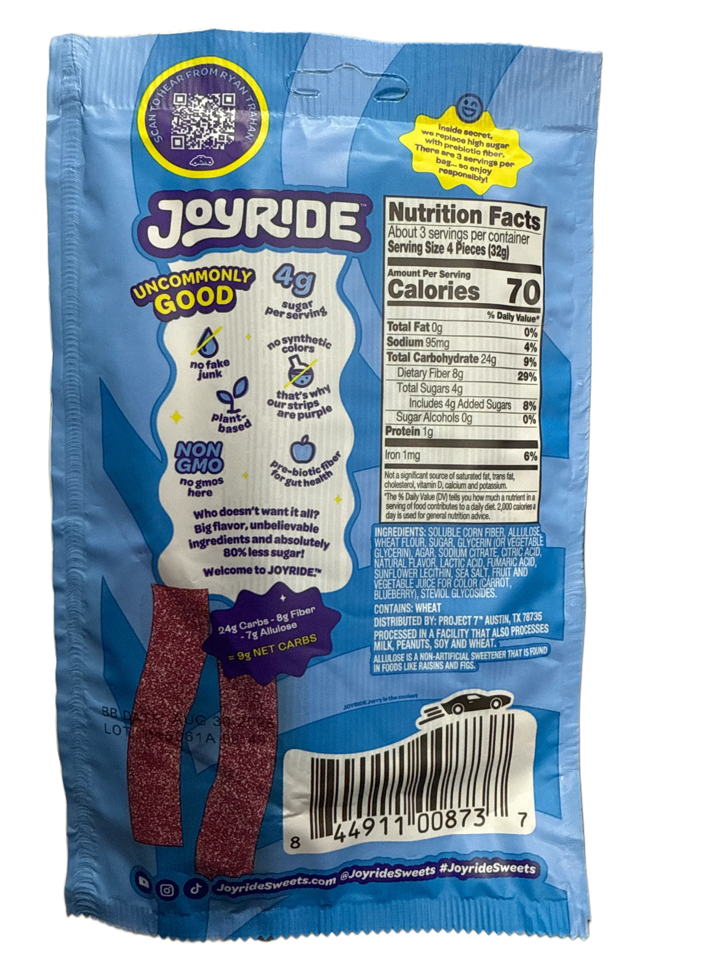 JOYRIDE UNCOMMON CANDY Sour Blue Raspberry Strips 3.5OZ - U.S Edition