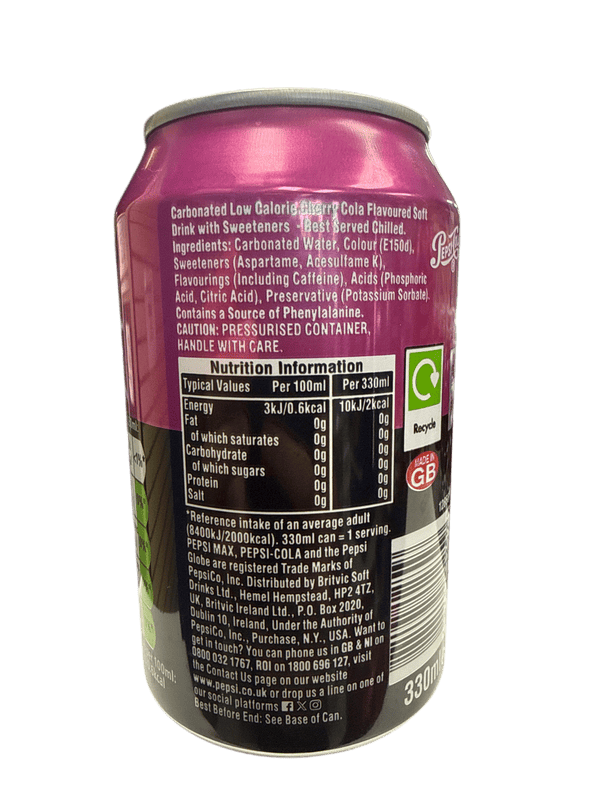 Pepsi Max Zero Sugar Cherry Flavour 330ML - U.K Edition