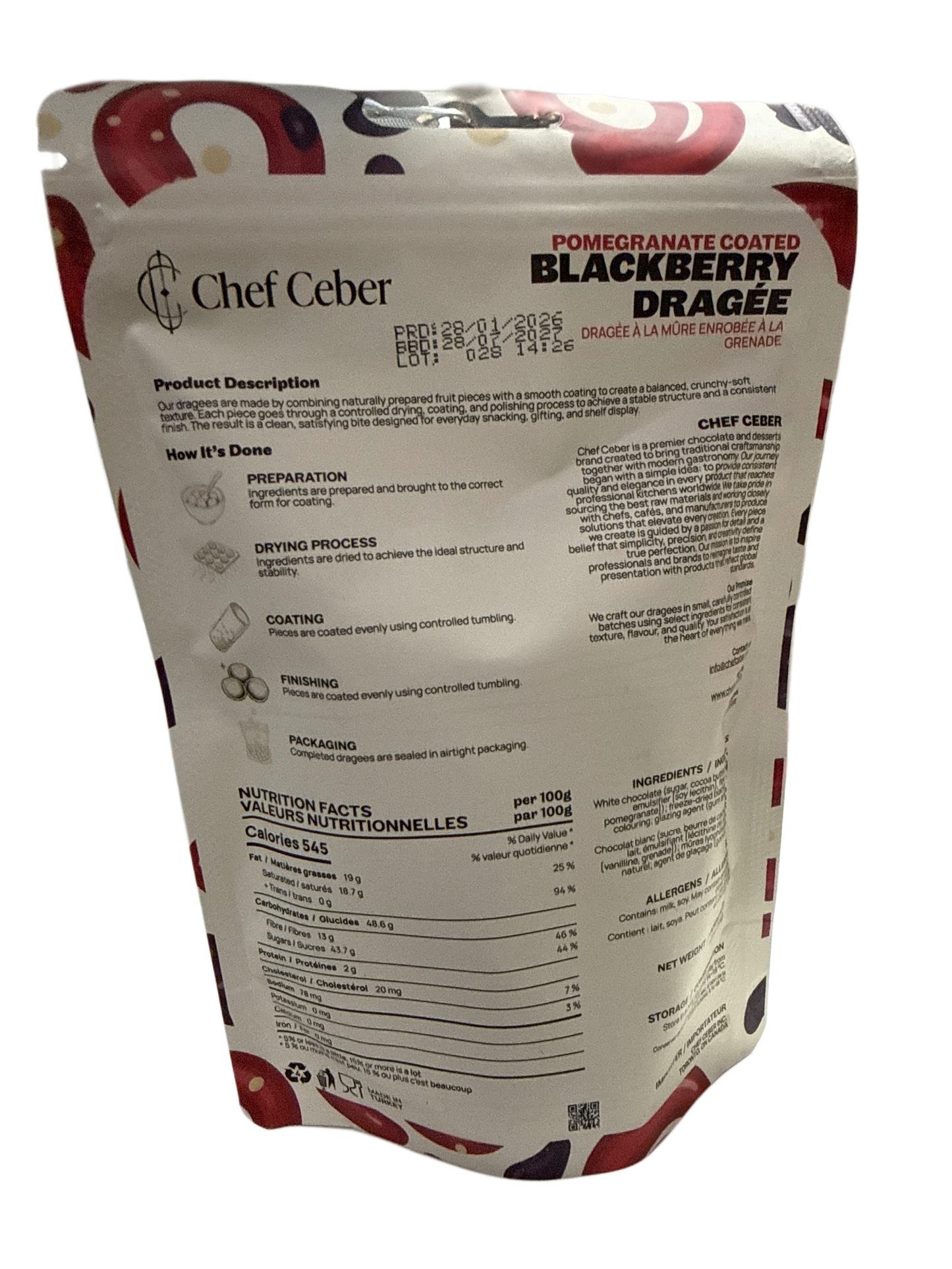 Chef Ceber White Chocolate and Pomegranate Coated Free Dried Blackberry 130G - Turkey Edition
