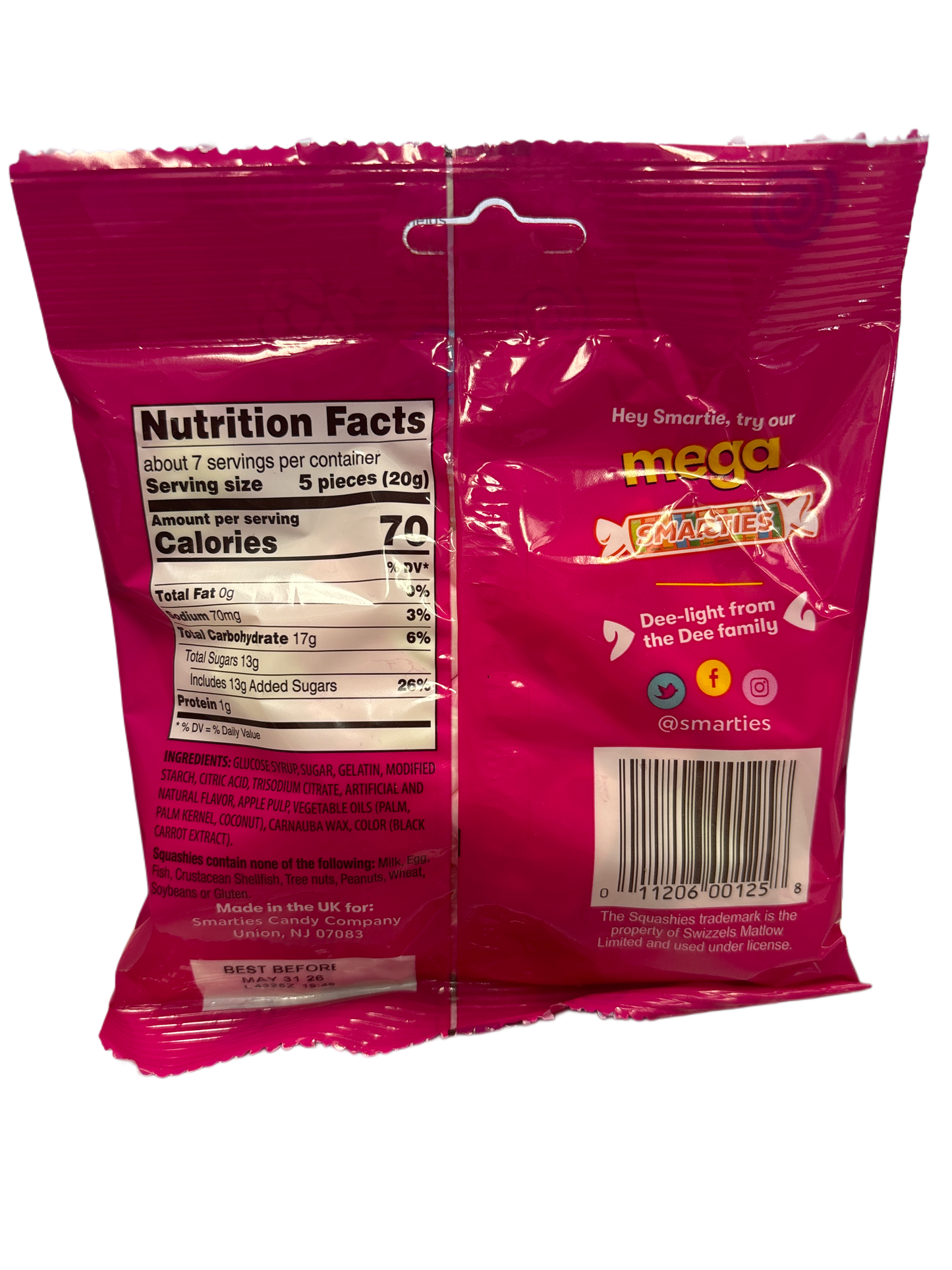 Squashies Smarties Raspberry And Cream Candy Bag 141G