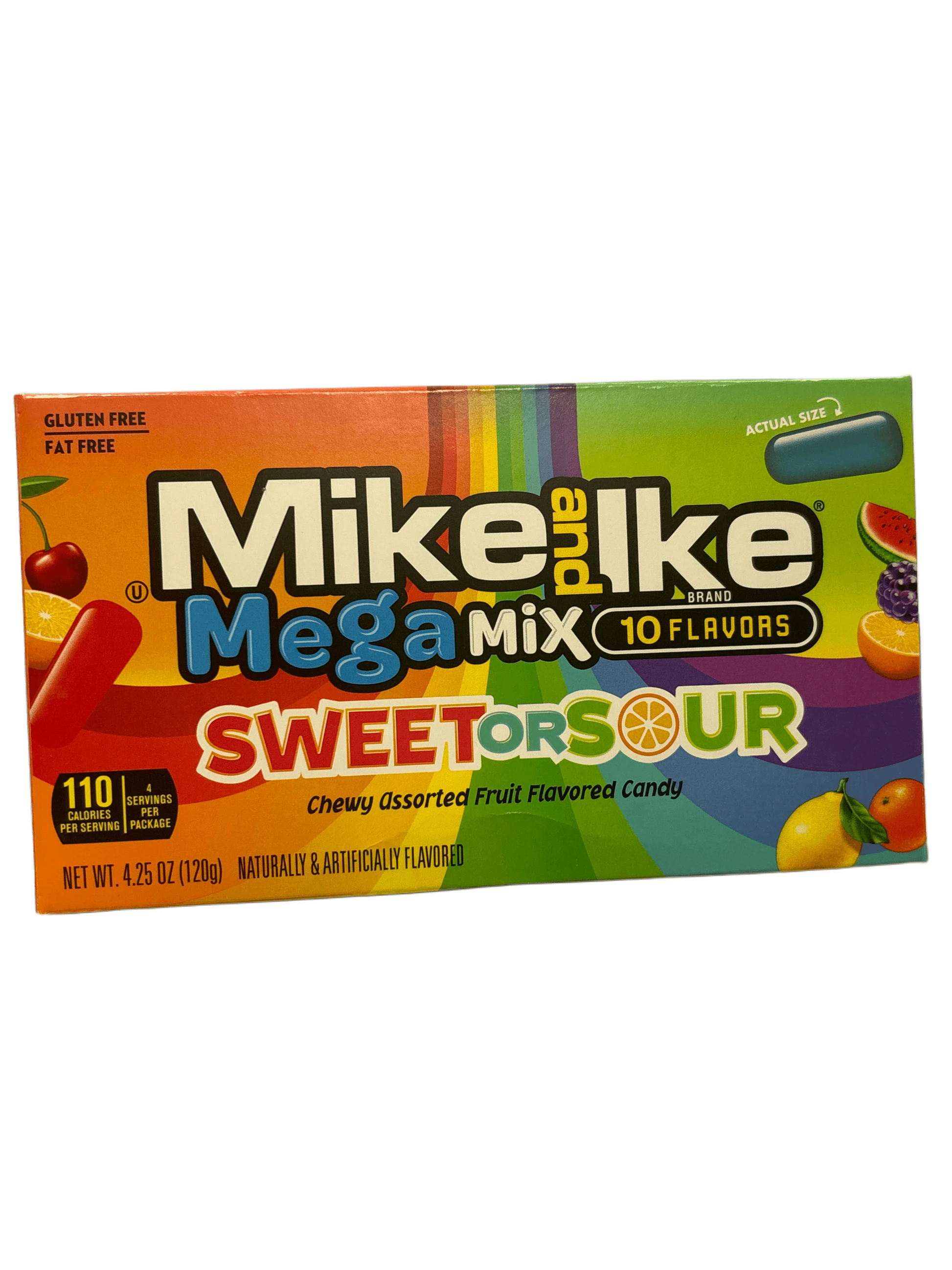Box of Mike and Ike Mega Mix Sweet or Sour fruit flavored chewy candy, 10 flavors