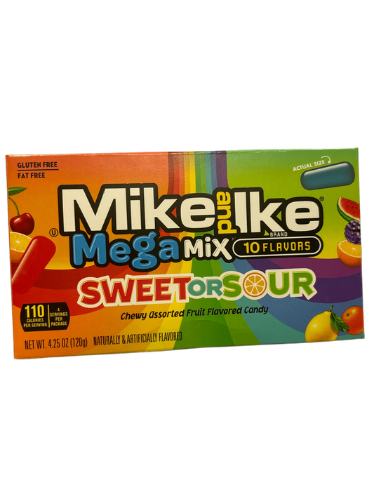 Box of Mike and Ike Mega Mix Sweet or Sour fruit flavored chewy candy, 10 flavors
