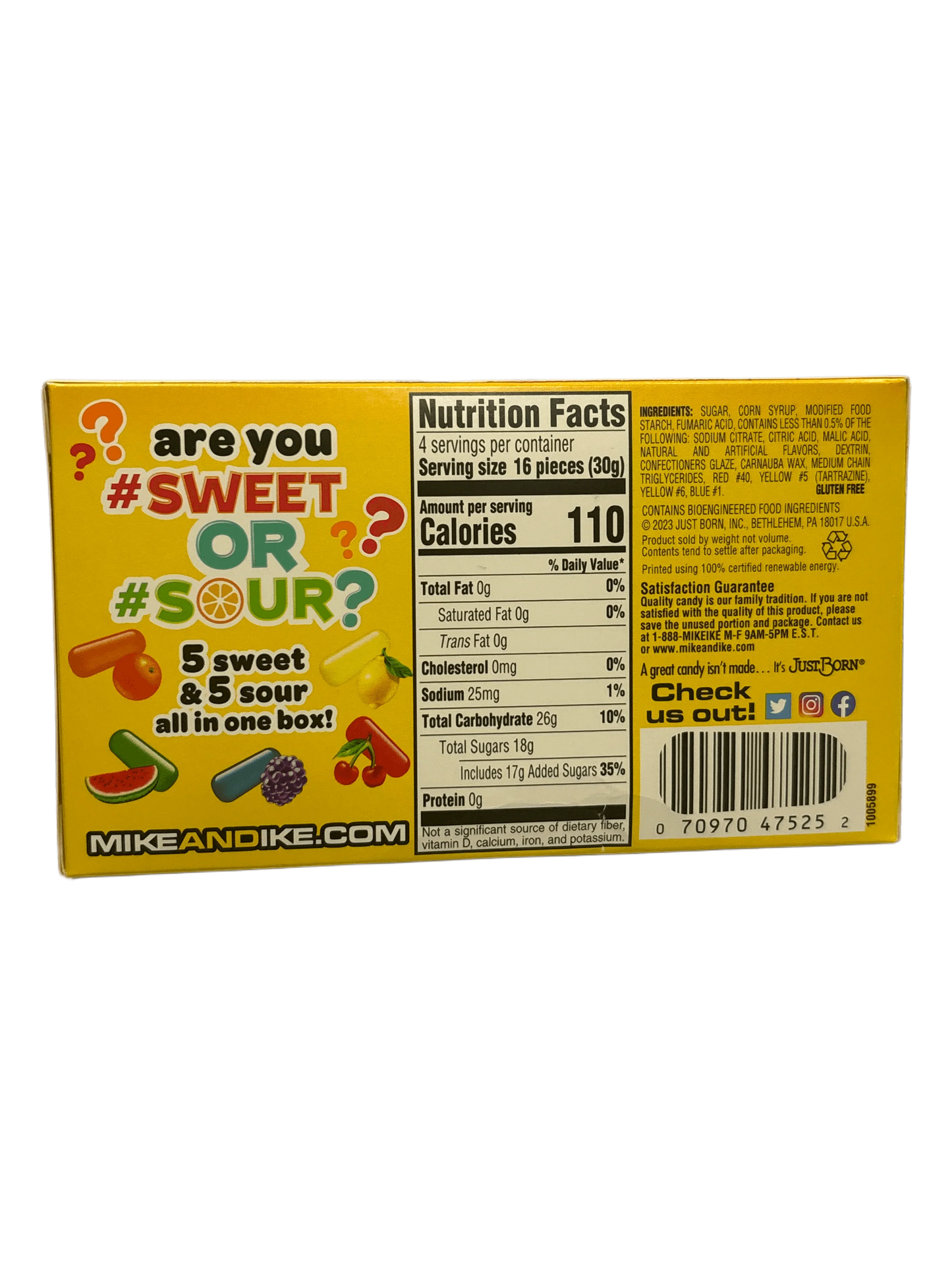 Back of Mike and Ike Sweet or Sour candy box with nutrition facts and colorful candy graphics