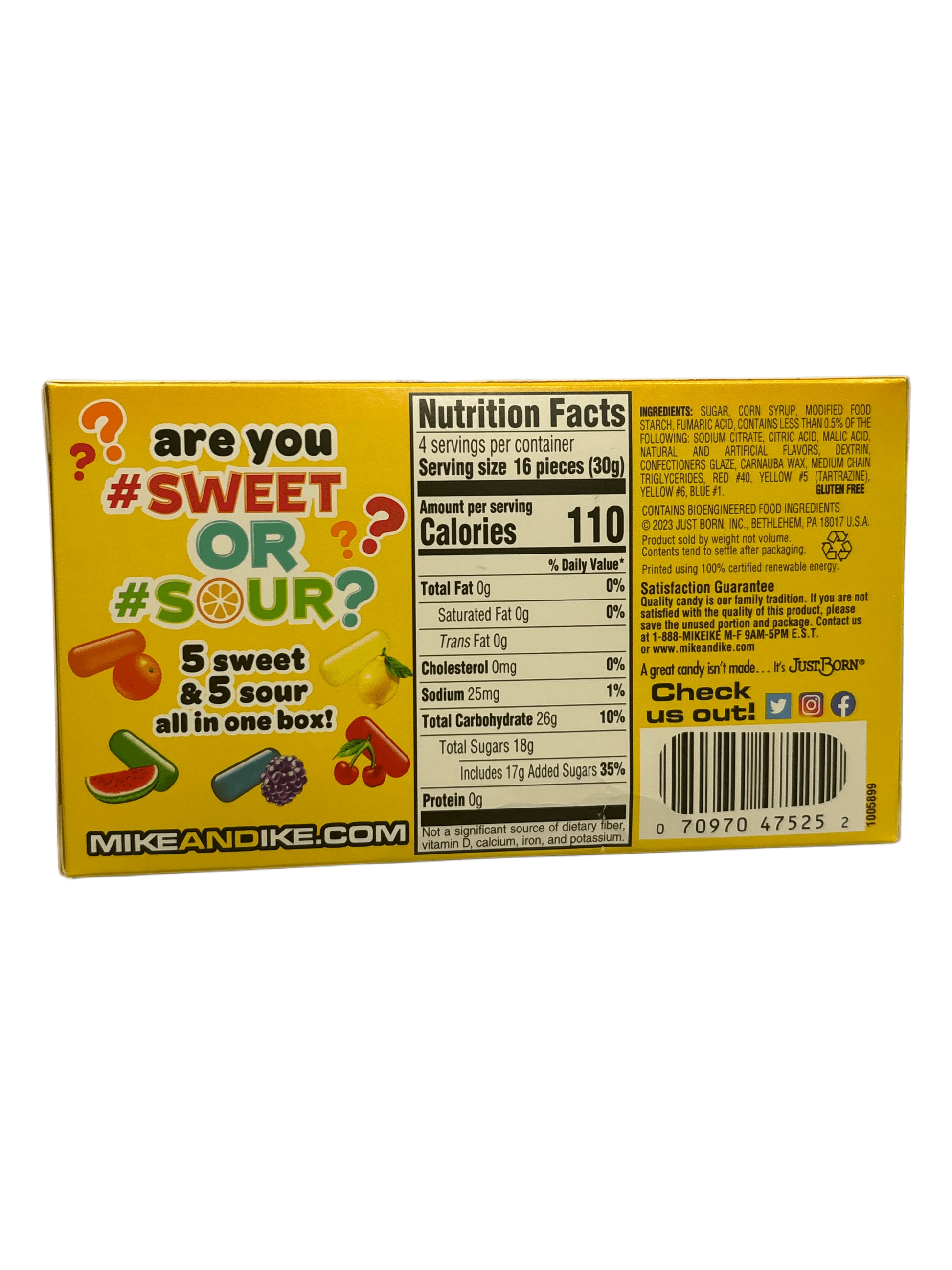 Back of Mike and Ike Sweet or Sour candy box with nutrition facts and colorful candy graphics
