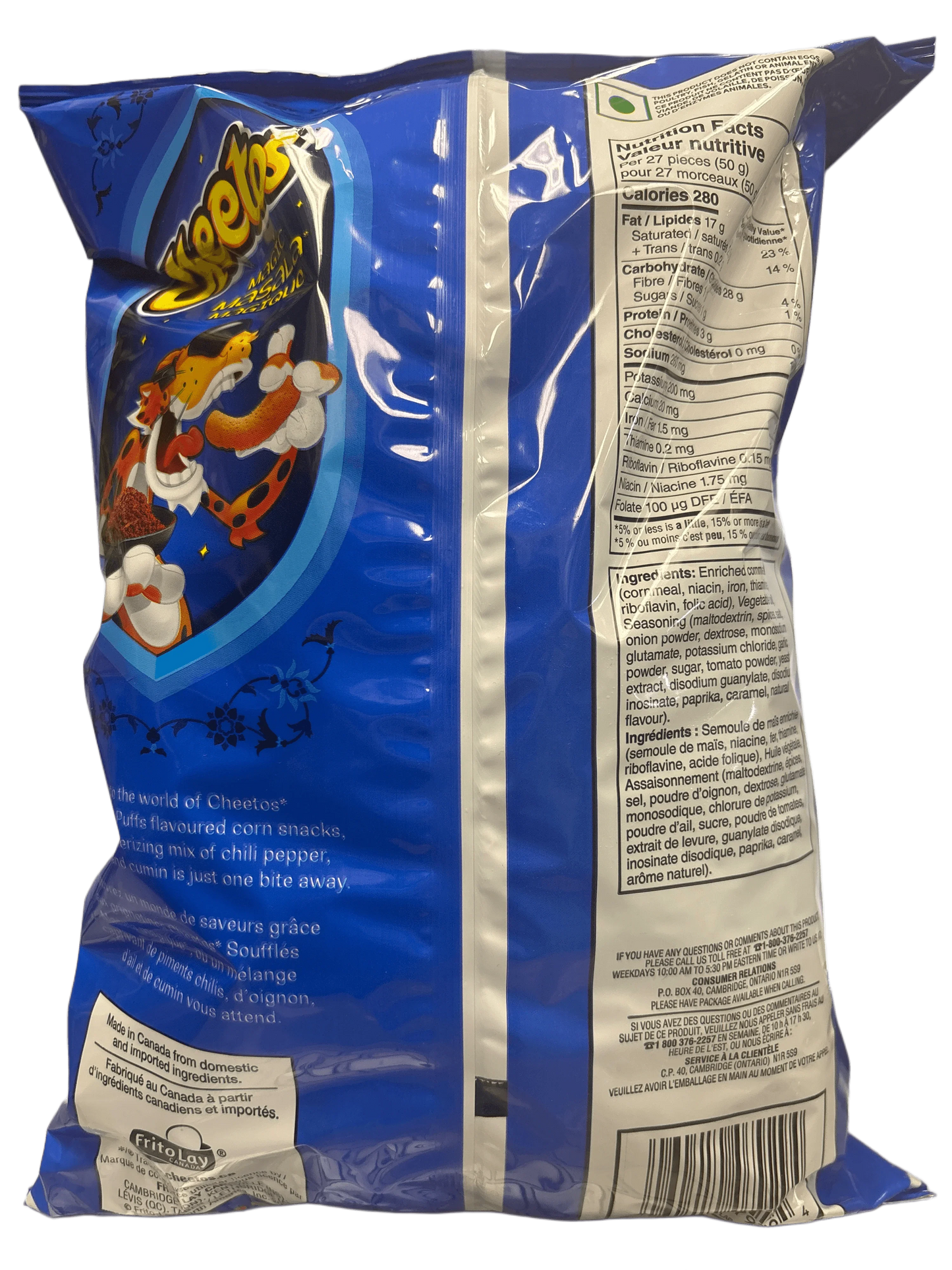 Back of Cheetos puffs chili corn snack bag with nutrition facts and blue packaging.