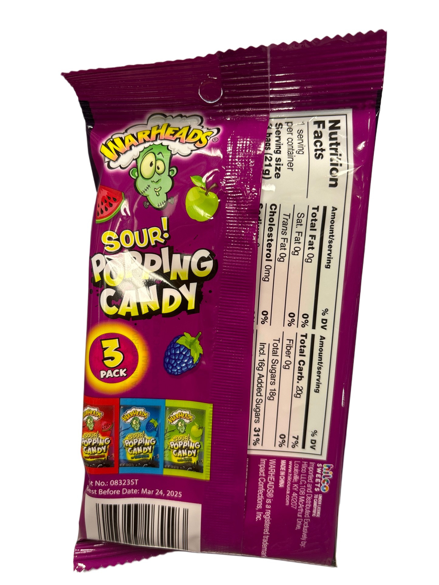 Warheads Sour Popping Candy 3 saveurs fruitées - 21G