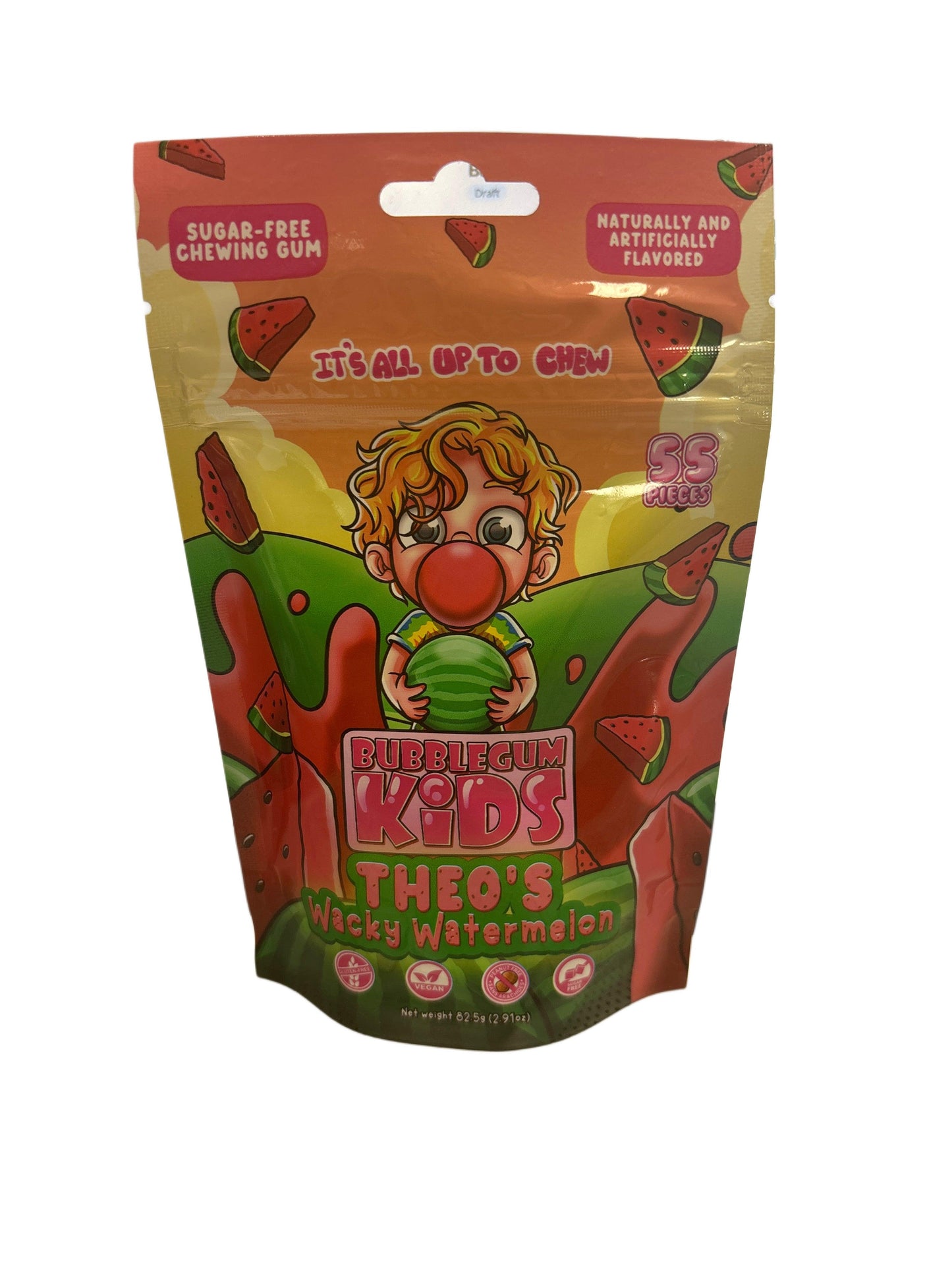 Bubblegum Kids Sugar Free Chewing Gum Theo’s Wacky Watermelon Peg Bag 2.91oz