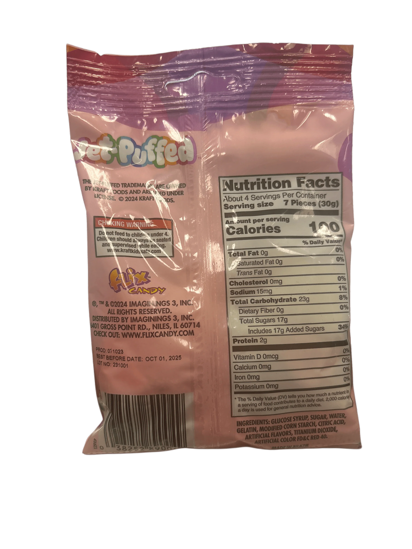 Back of Peeps Puffed candy bag showing nutrition facts and ingredients on pastel packaging