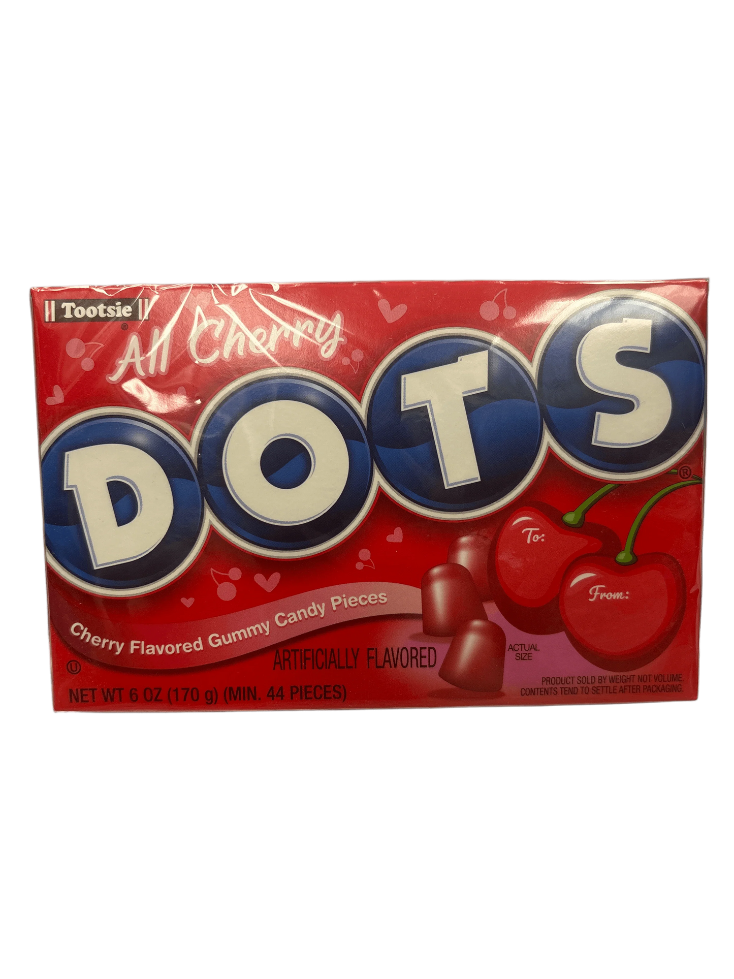 Tootsie All Cherry DOTS candy box, cherry flavored gummy candy, red packaging with cherries