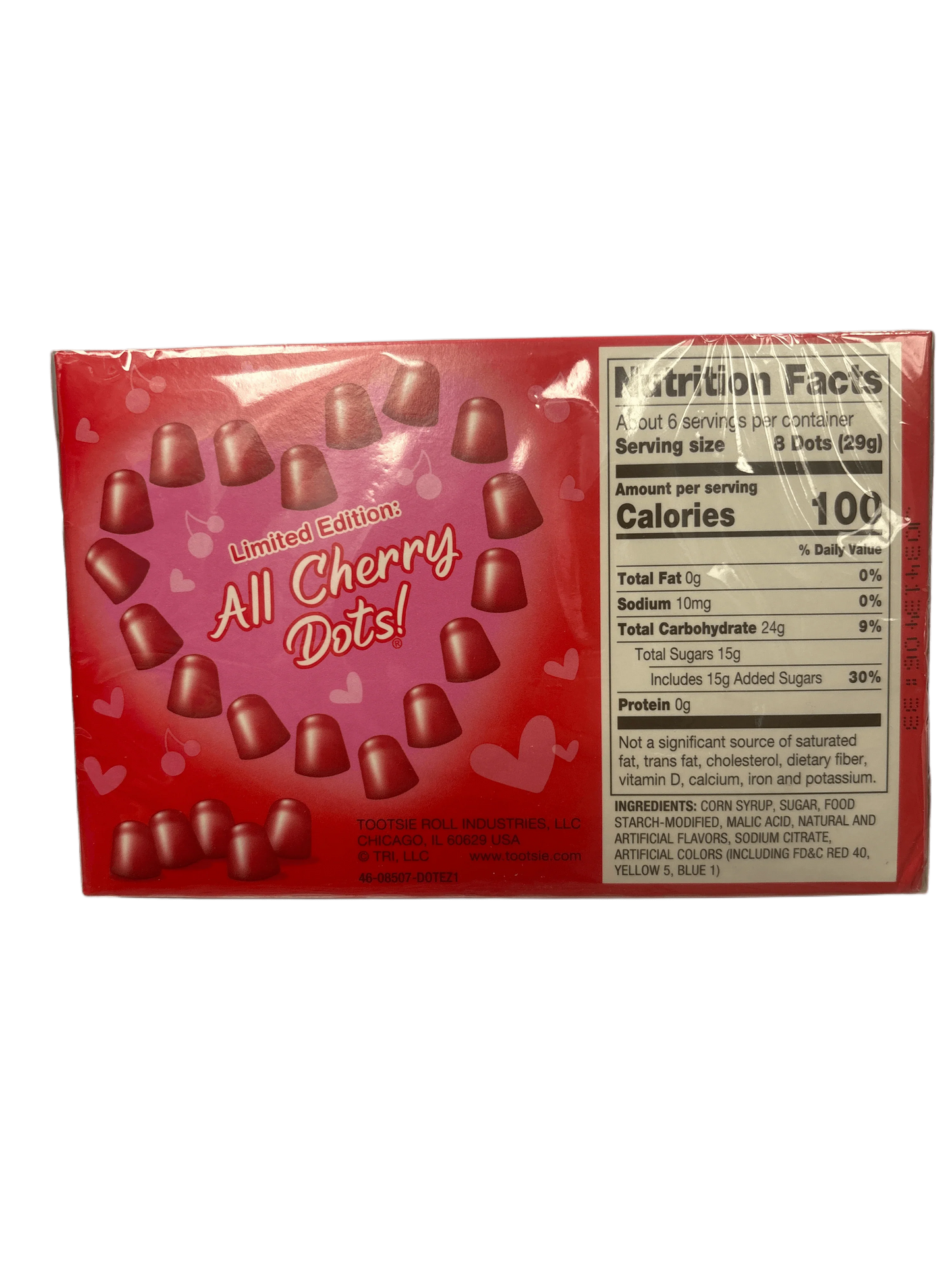 Limited edition All Cherry Dots candy box with nutrition facts and heart-themed packaging