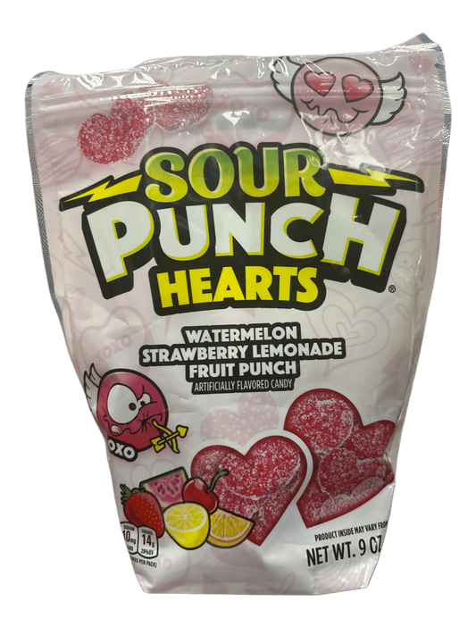 Sour Punch Hearts assorted sour candy bag, watermelon, strawberry lemonade, fruit punch flavors