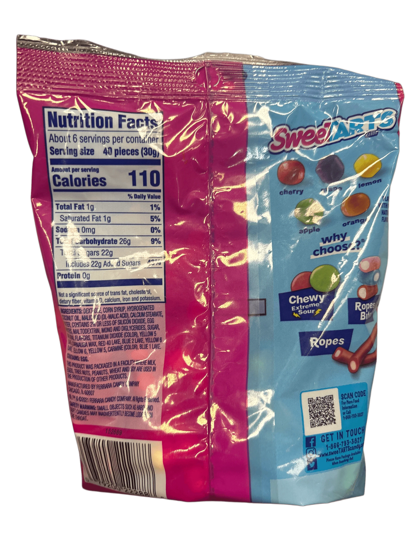 Back of SweeTARTS candy bag showing nutrition facts, ingredients, and product images