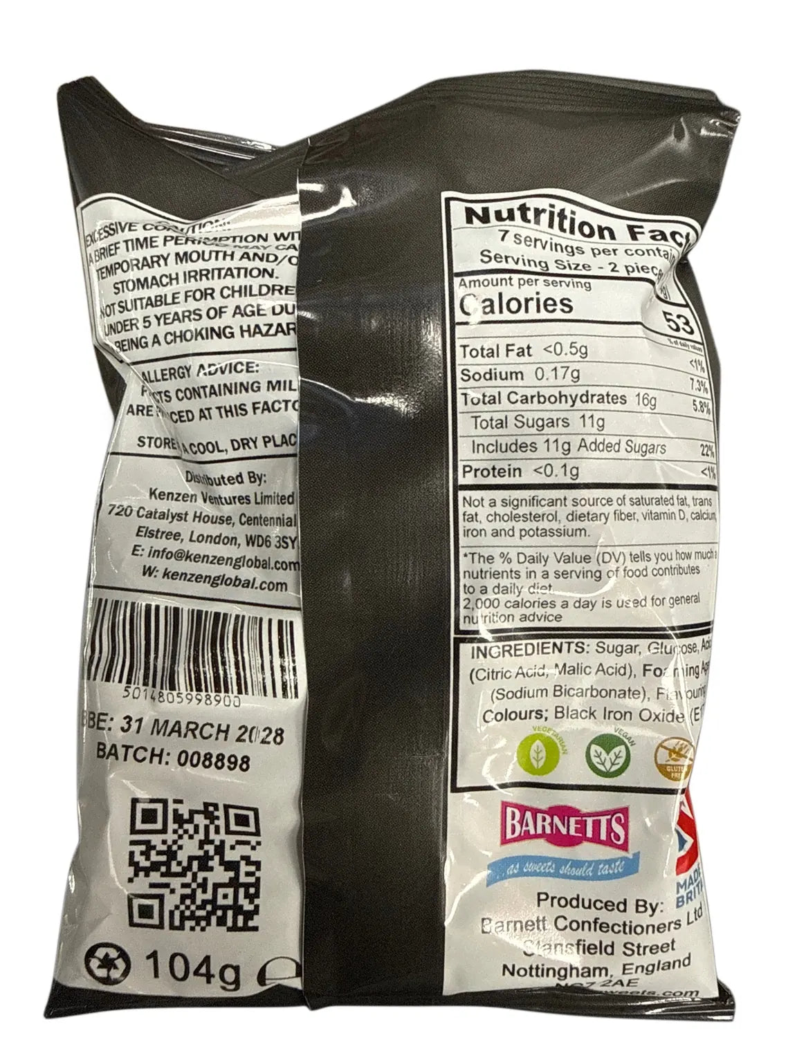 Barnetts Hot Chilli Zombie Bombz Mega Sours 104G UK Edition back ingredients nutrition and warnings image 3