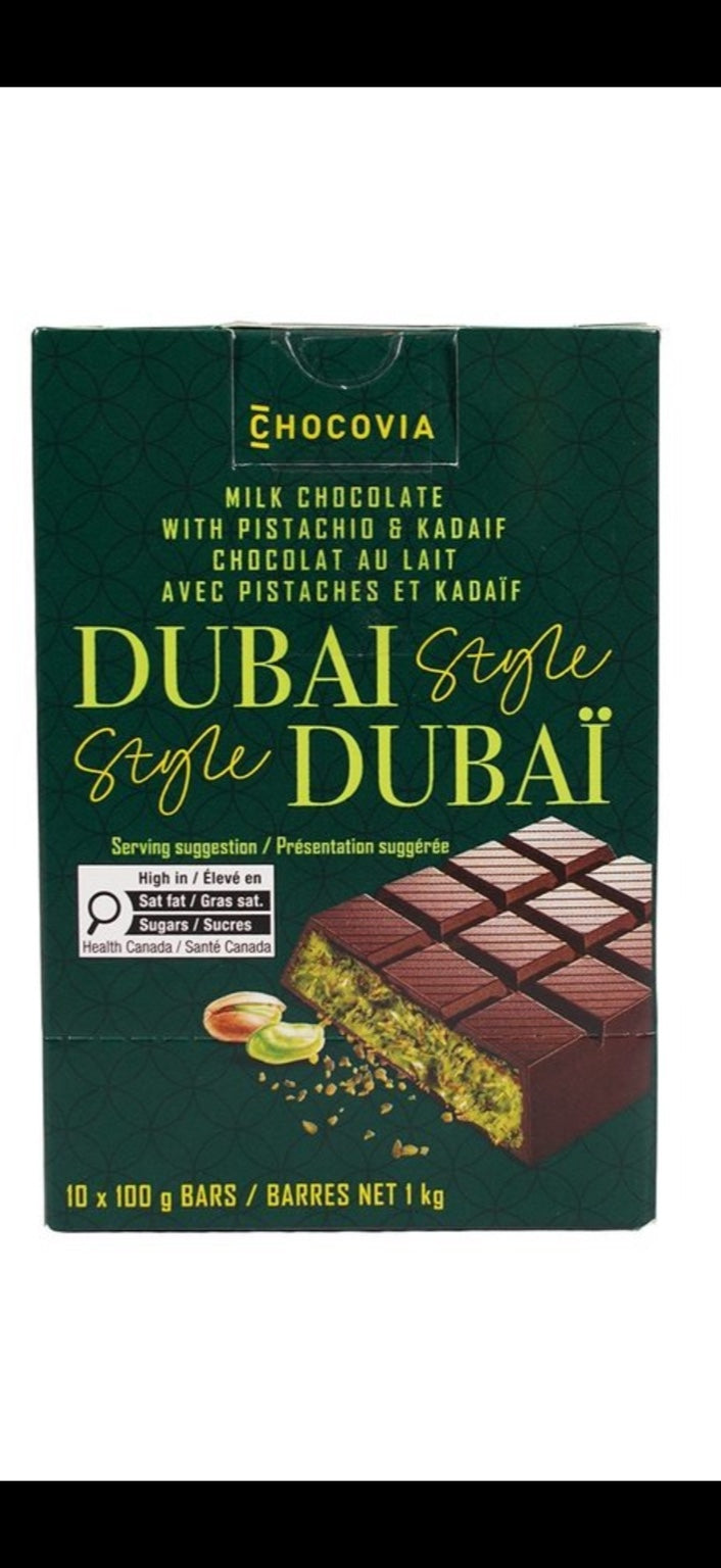 Chocovia Dubai Style 10-pack box containing ten 100g pistachio and kadaif milk chocolate bars (1kg total)