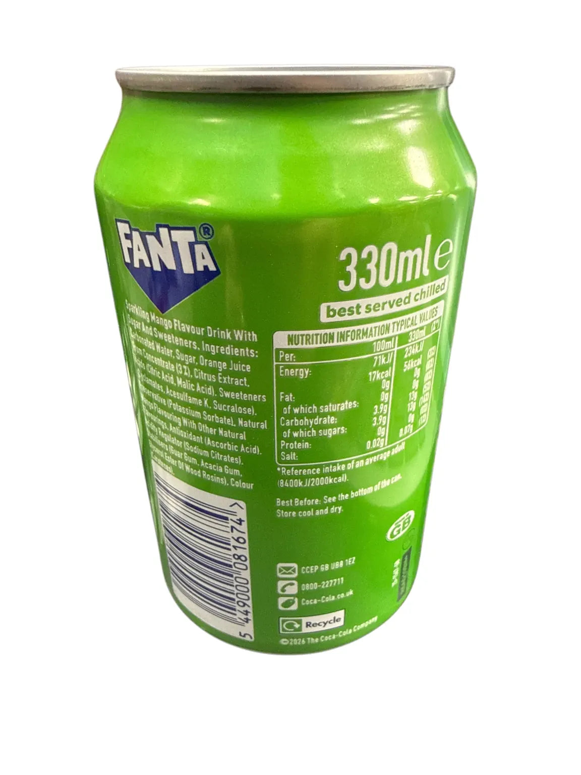 Fanta Mango Flavour 330ML U.K Edition back nutrition and ingredients view 2