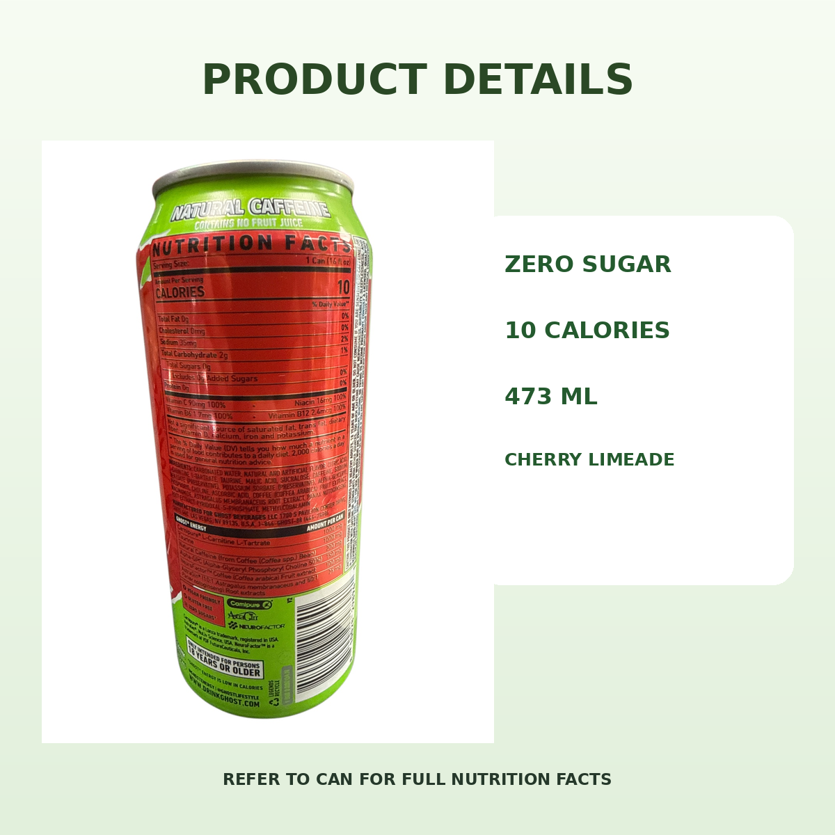 Ghost Cherry Limeade nutrition label