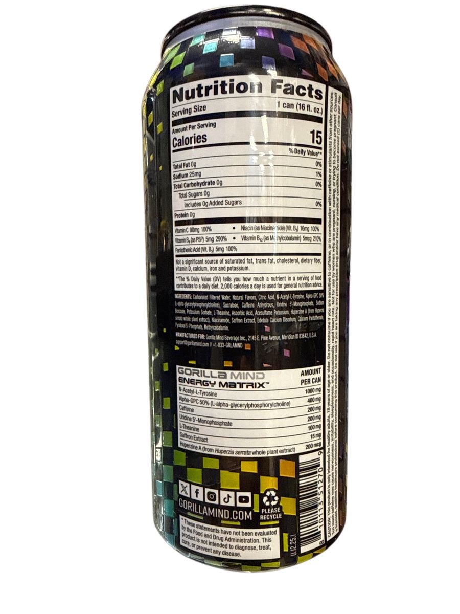 Gorilla Mind Rainbow Sherbet Energy 473ML back nutrition facts view 2