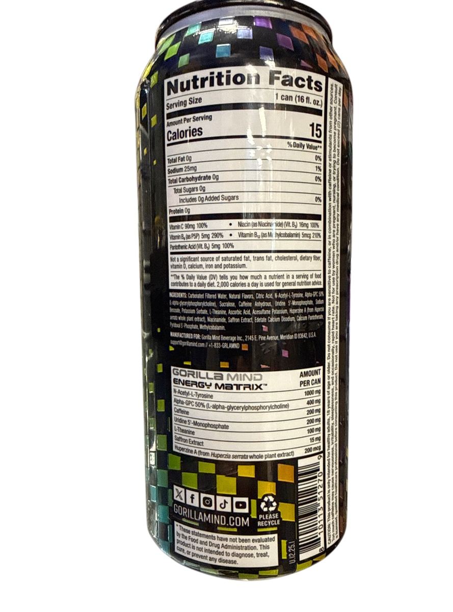 Gorilla Mind Rainbow Sherbet Energy 473ML back nutrition facts view 4