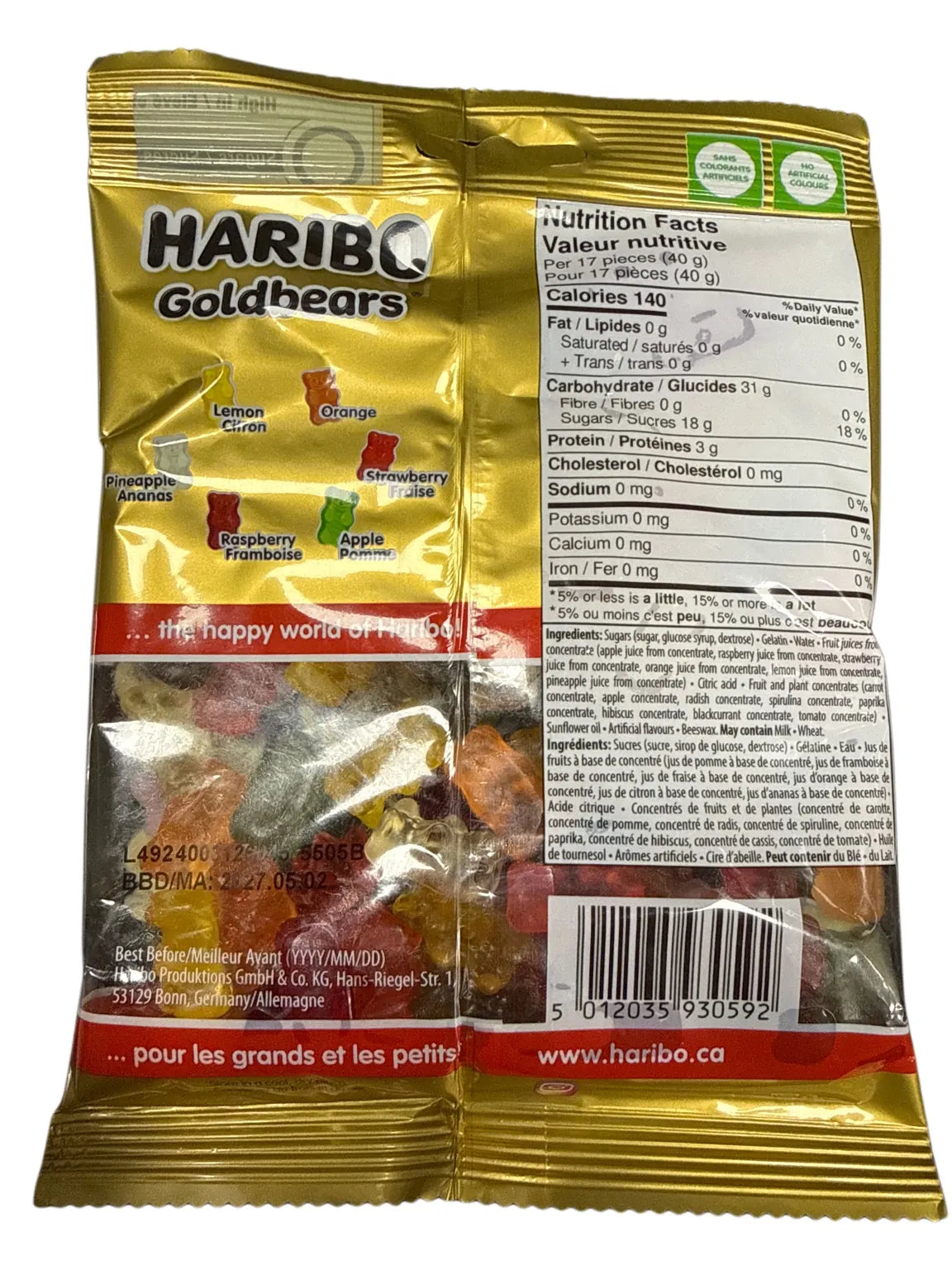 Haribo Goldbears Gummy Candy 175G German Edition back ingredients and nutrition image 3