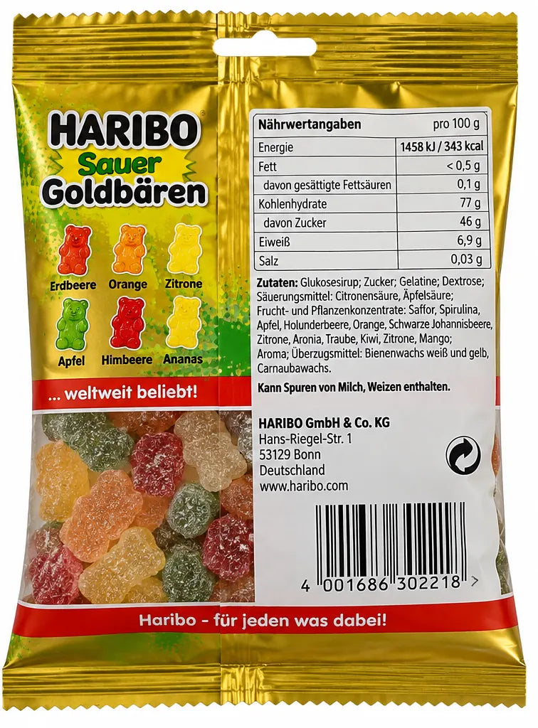 AI-generated illustration of Haribo Sour Goldbears 175G German Edition back packaging, view 1
