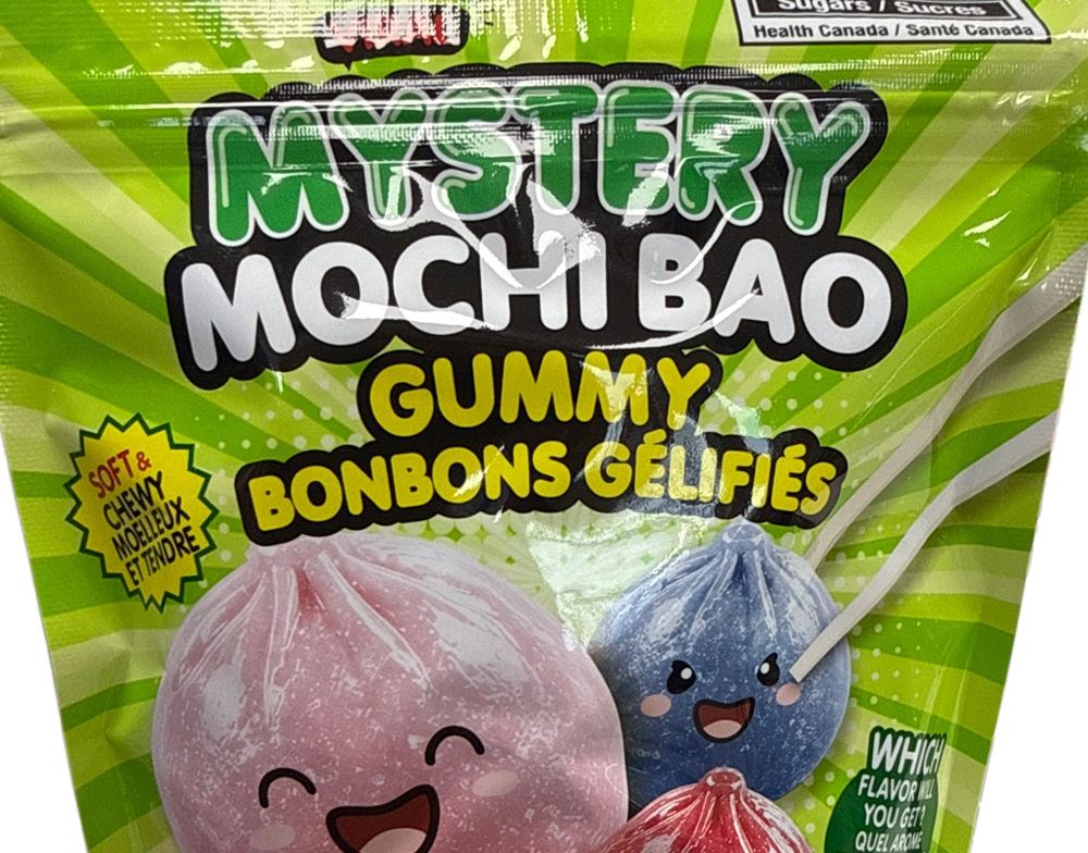 Close-up of Mystery Mochi Bao gummy candy packaging