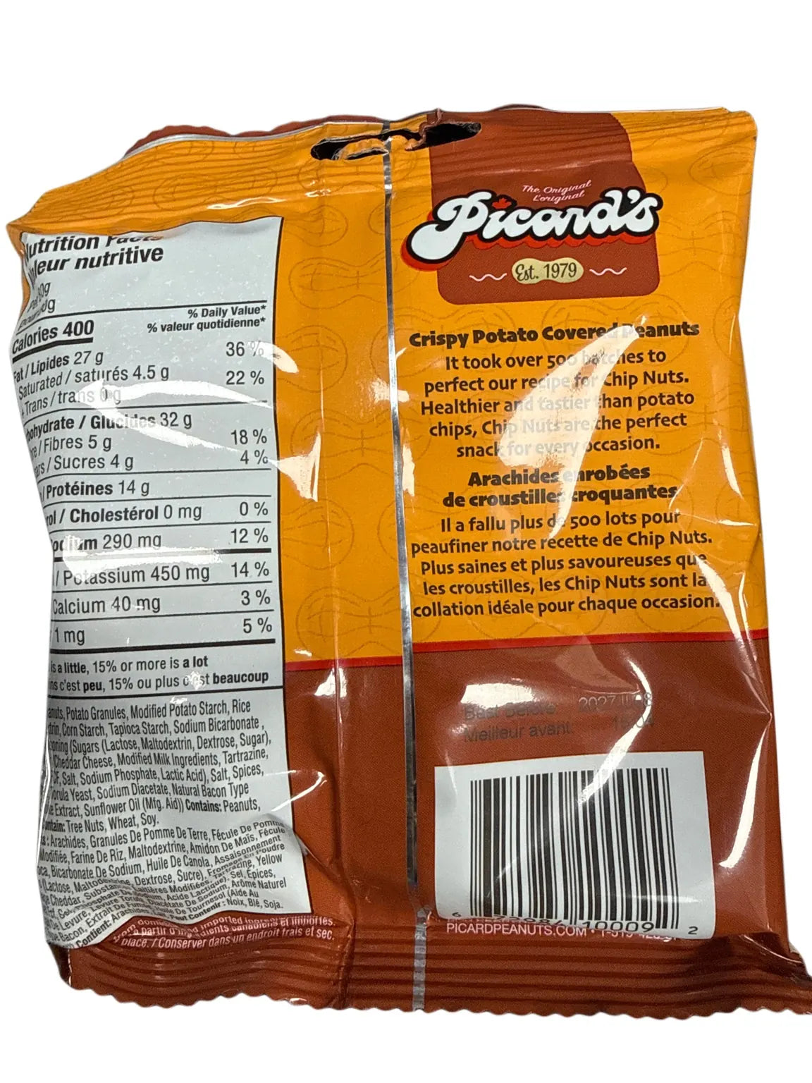 Picards Bacon Cheddar Chip Nuts 80G Canadian Edition back nutrition and ingredients view 3