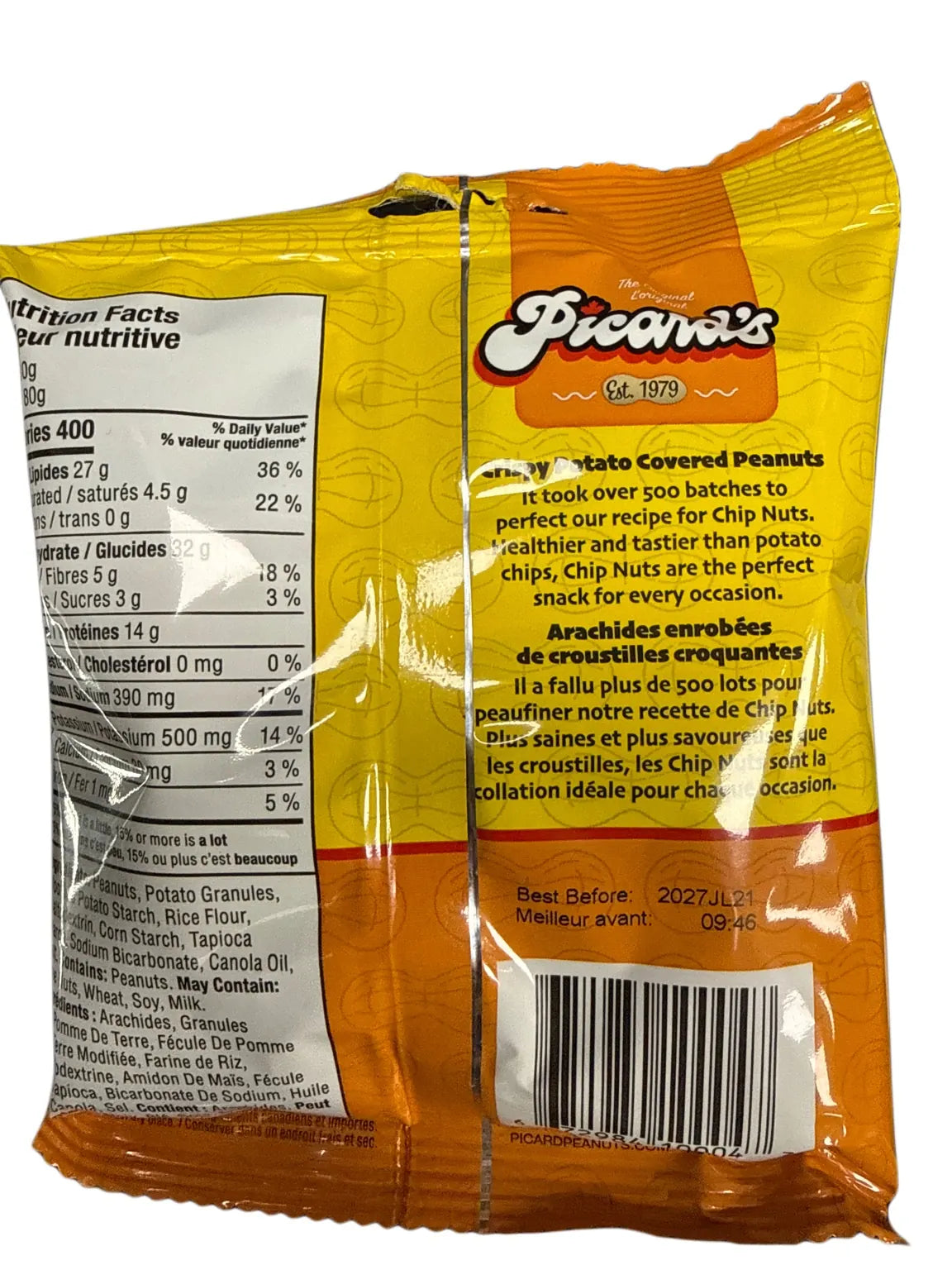 Picards Salted Original Chip Nuts 80G Canadian Edition - back nutrition and ingredients view 3