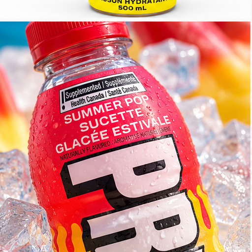 PRIME Summer Pop 500ML iced bottle close-up promotional illustration